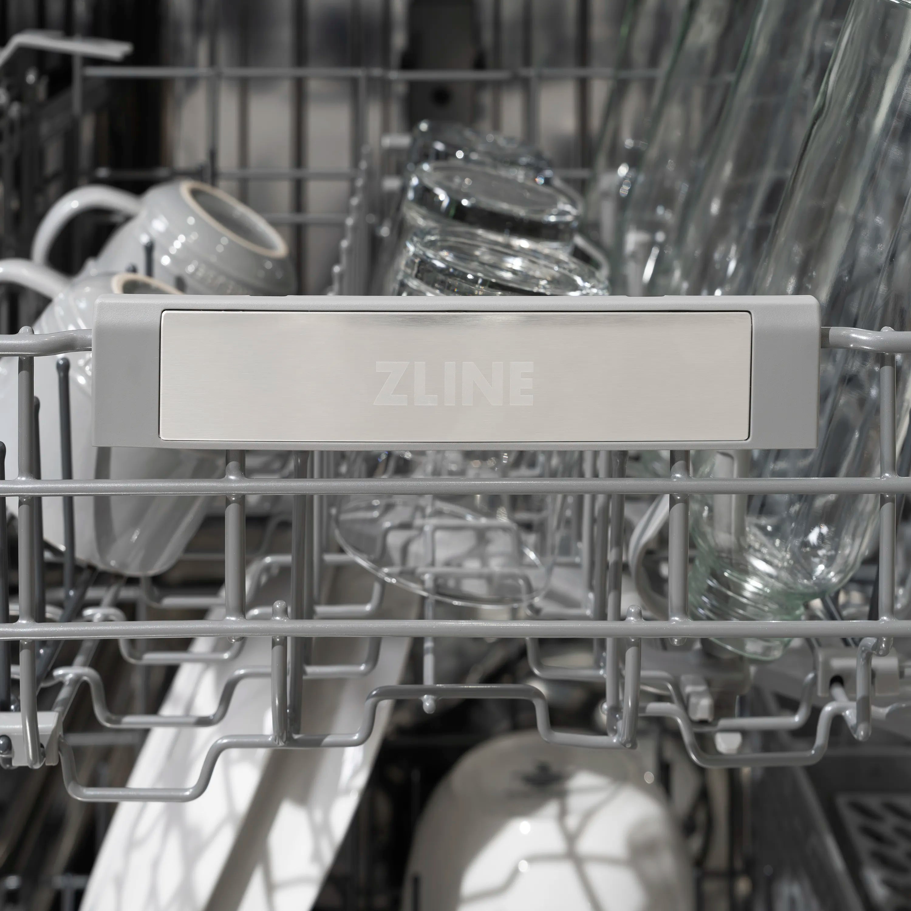 Dishwasher front rack label with ZLINE logo, shown inside the open door