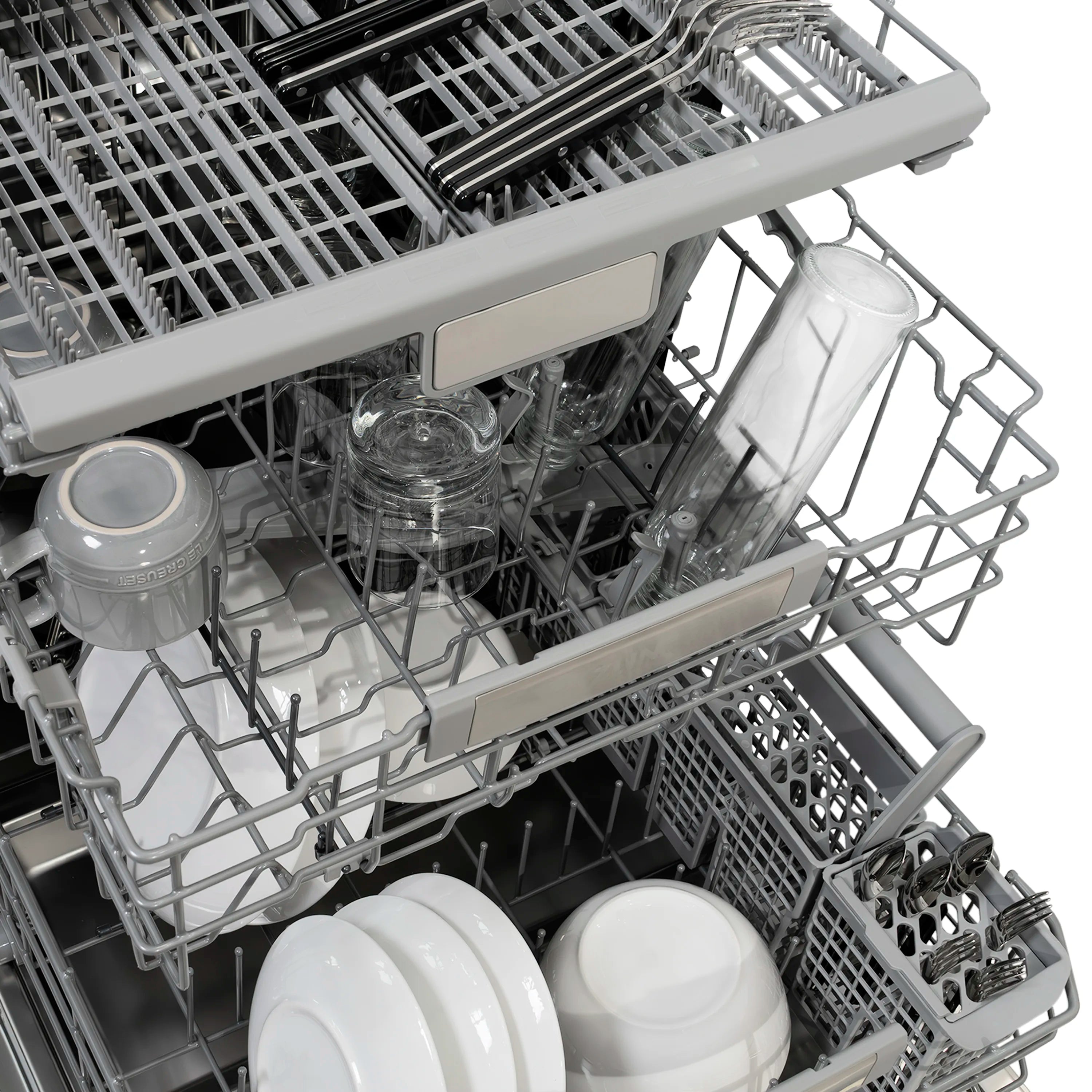 Dishwasher interior with third rack and glassware holders
