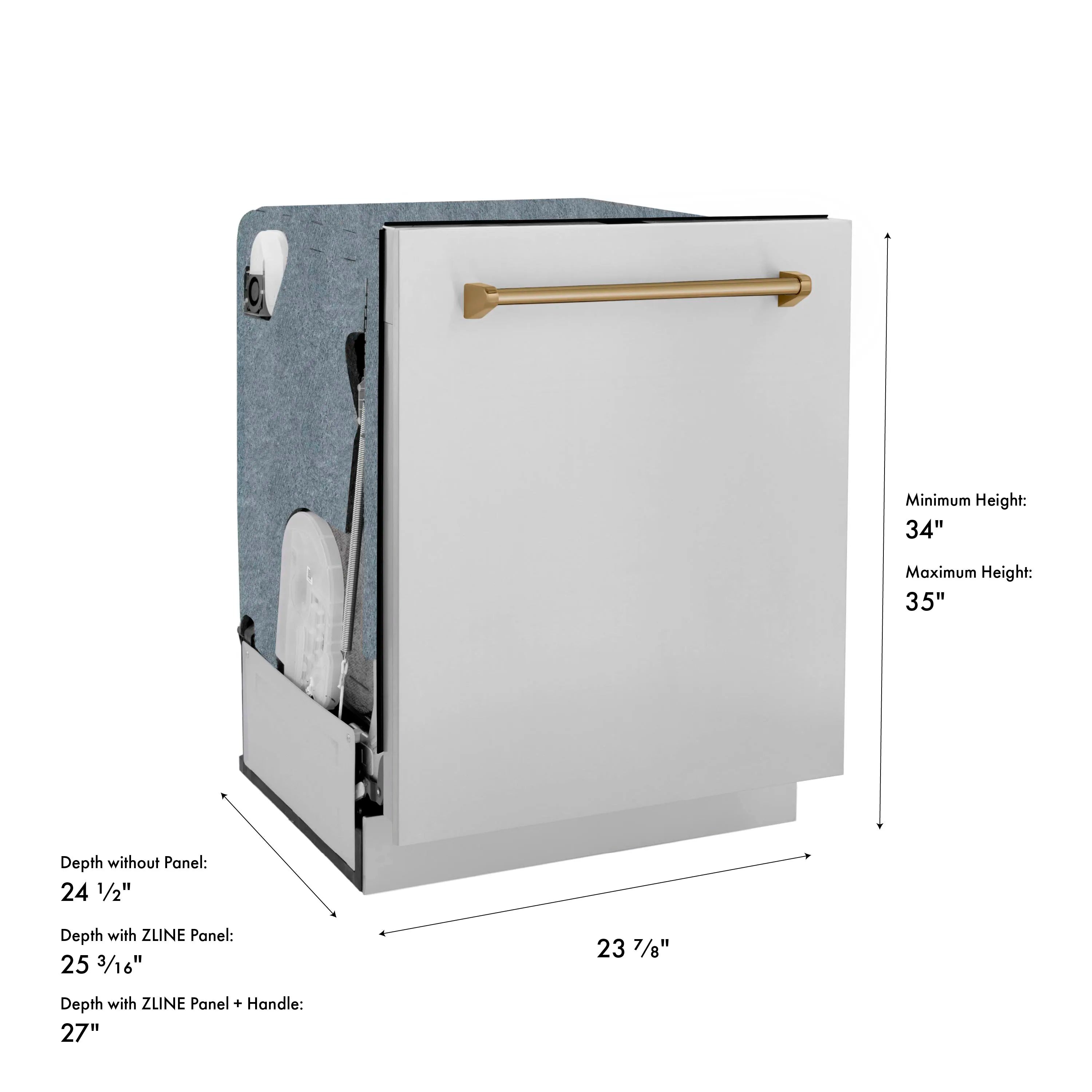 Built-in 24-inch dishwasher with champagne bronze handle and white front panel
