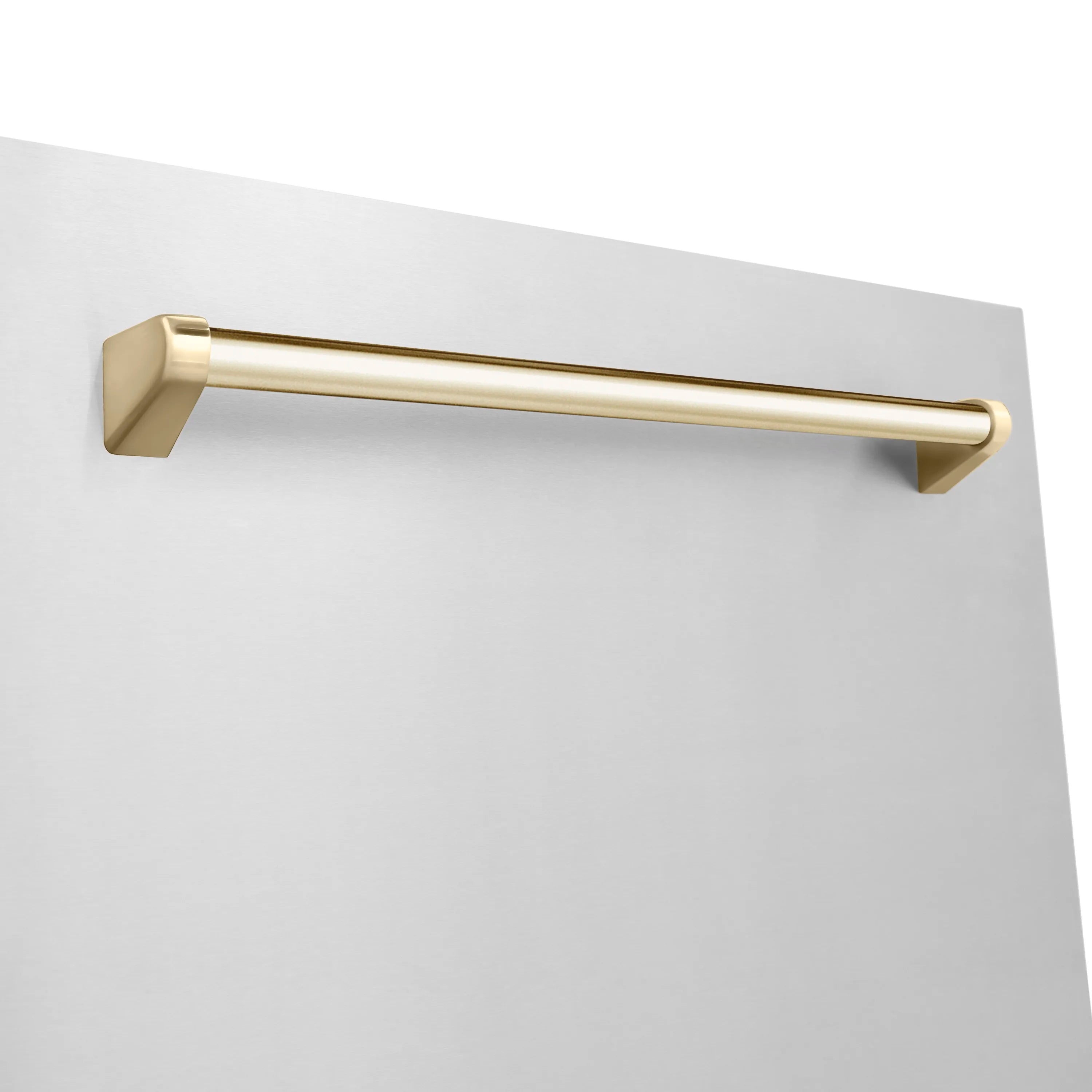 Dishwasher gold bar handle on white front door panel