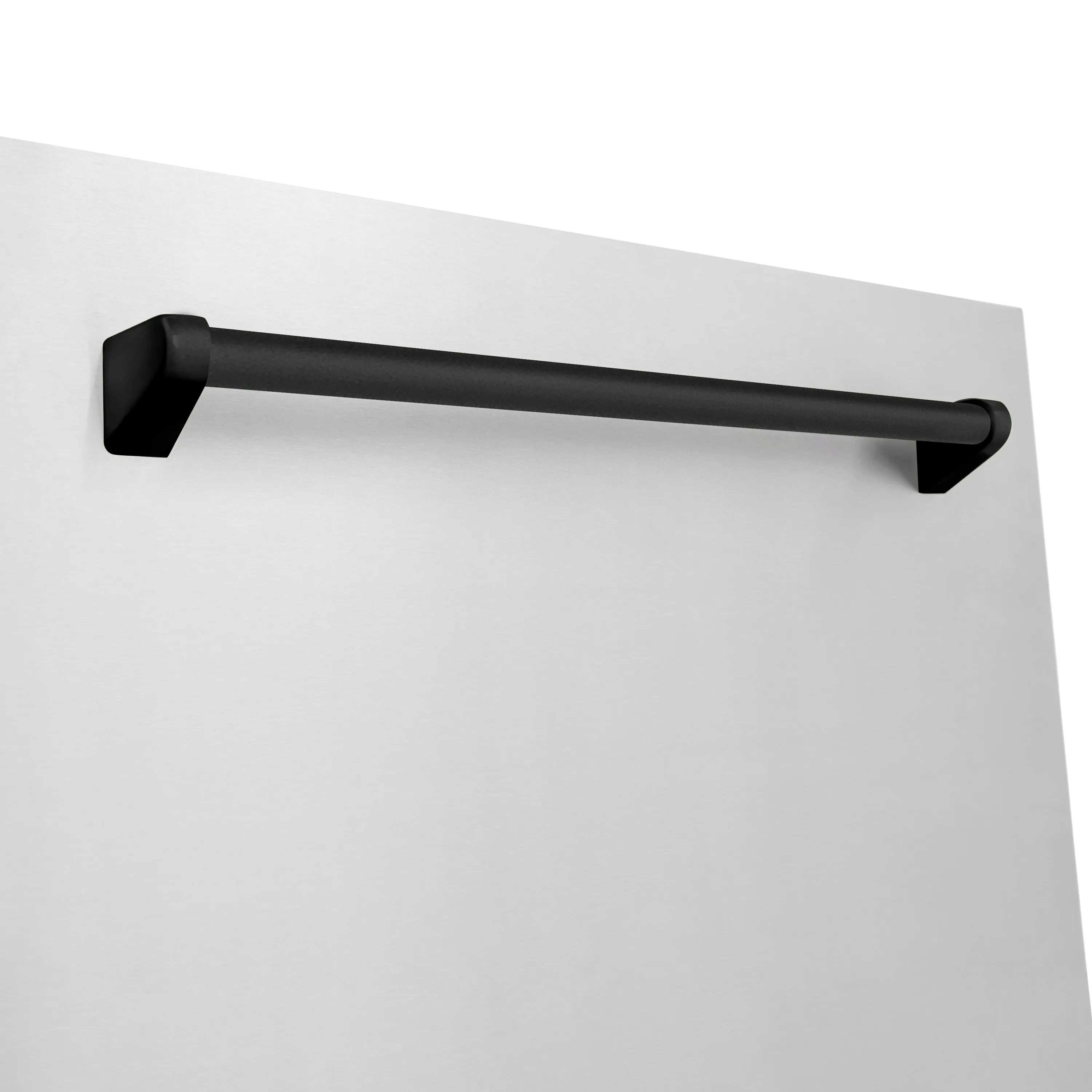 Matte black dishwasher handle on white door panel.