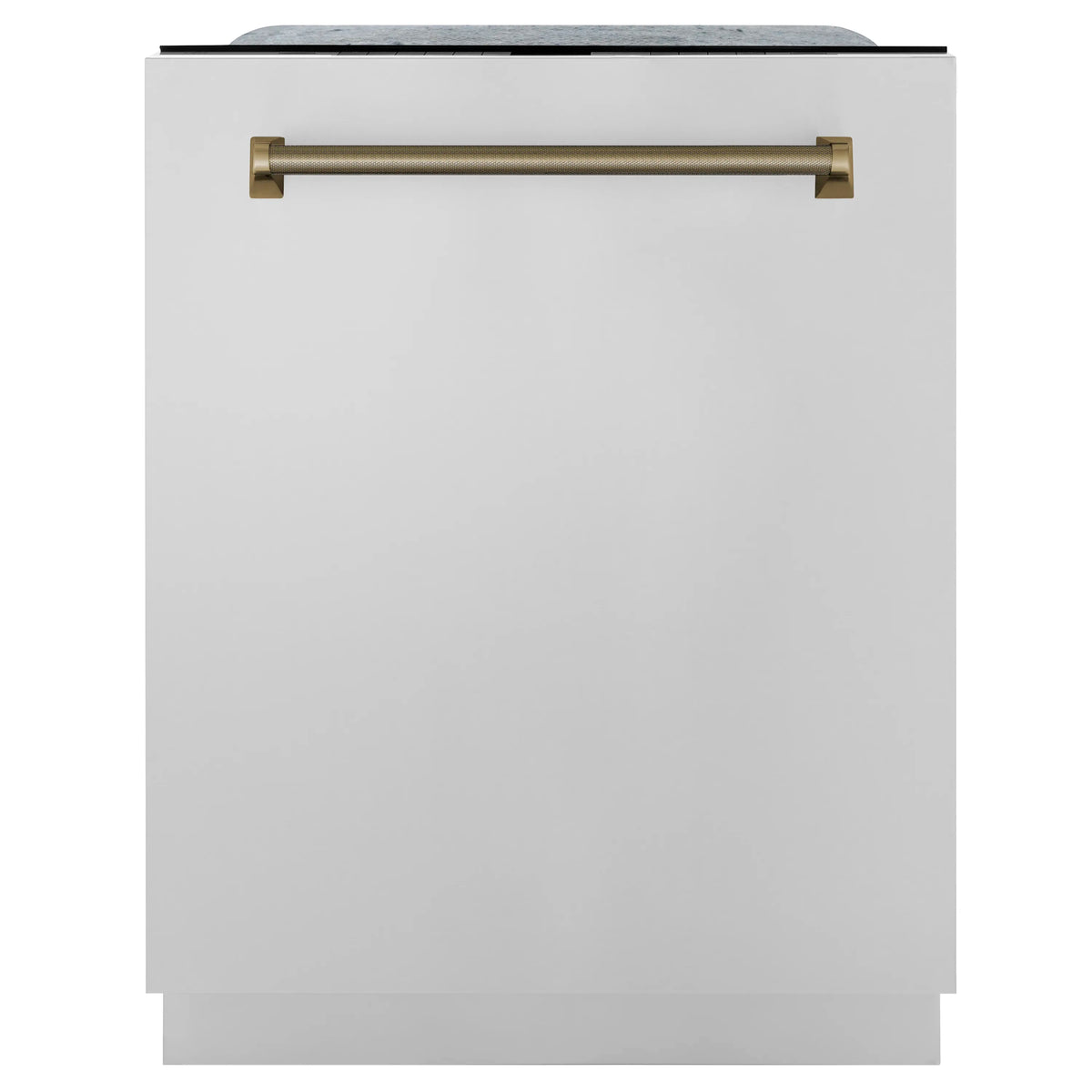 Dishwasher front with a champagne bronze horizontal handle bar