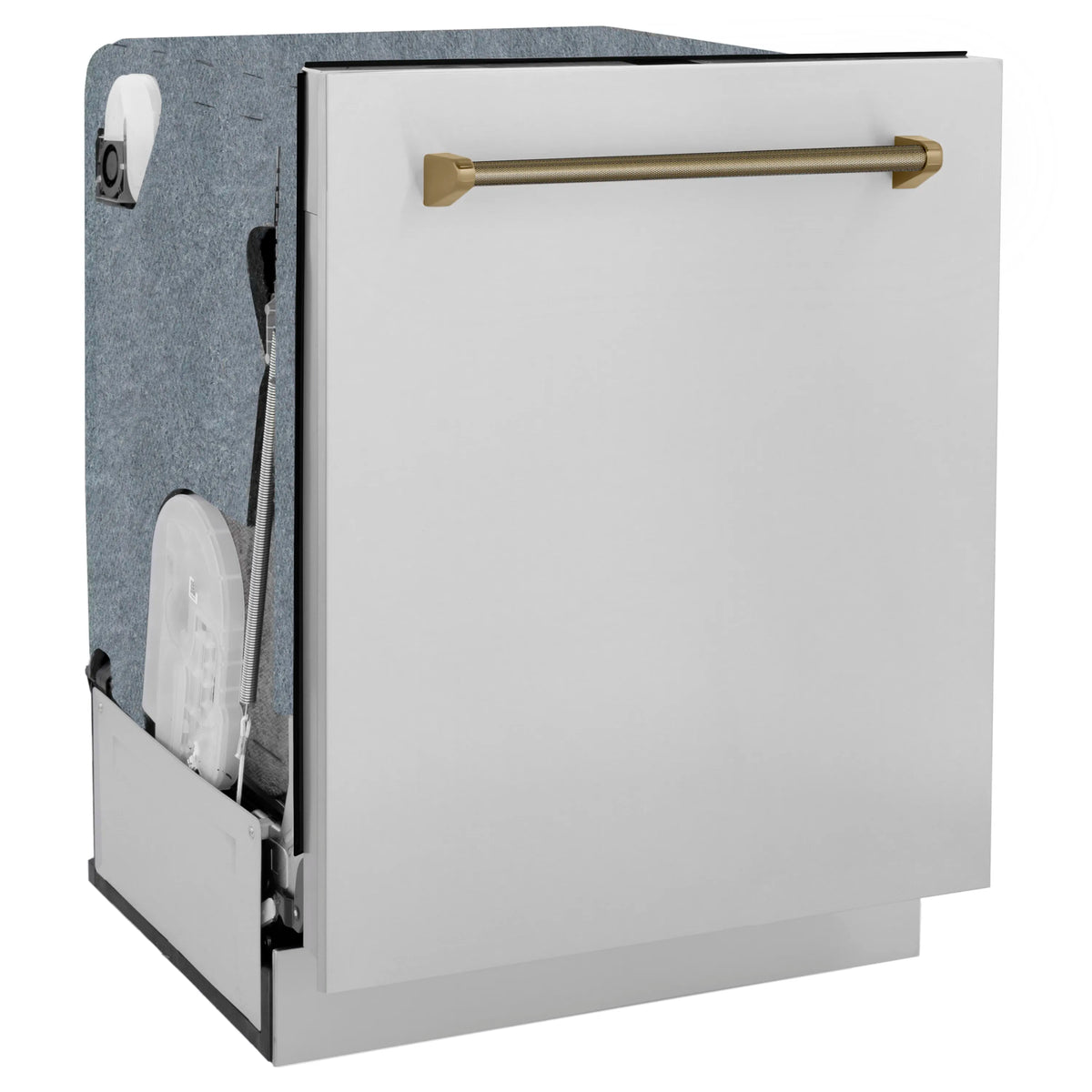 Built-in dishwasher front with white door panel and champagne bronze handle