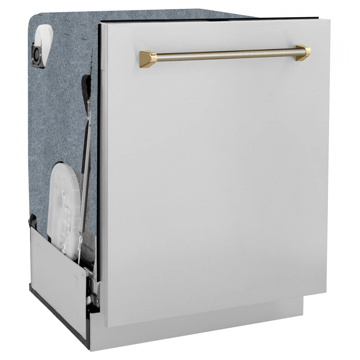 Built-in dishwasher with gold helix handle and open side panel view