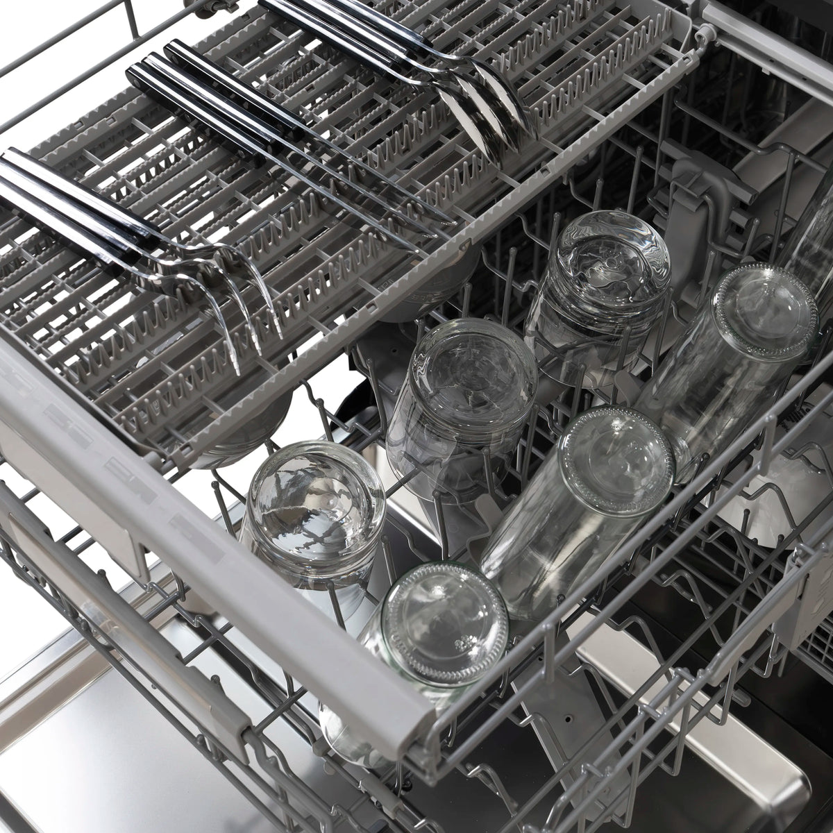 Dishwasher rack holding clear cups and glassware