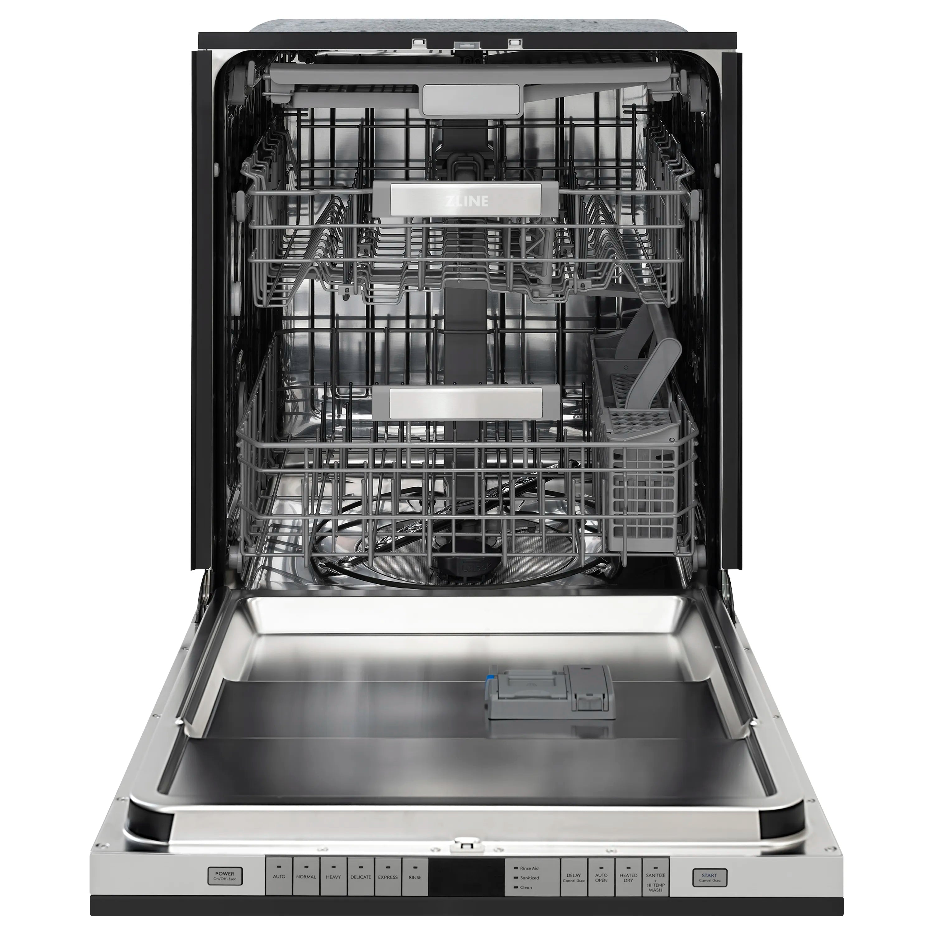 Tall dishwasher with stainless steel interior and stacked wire racks