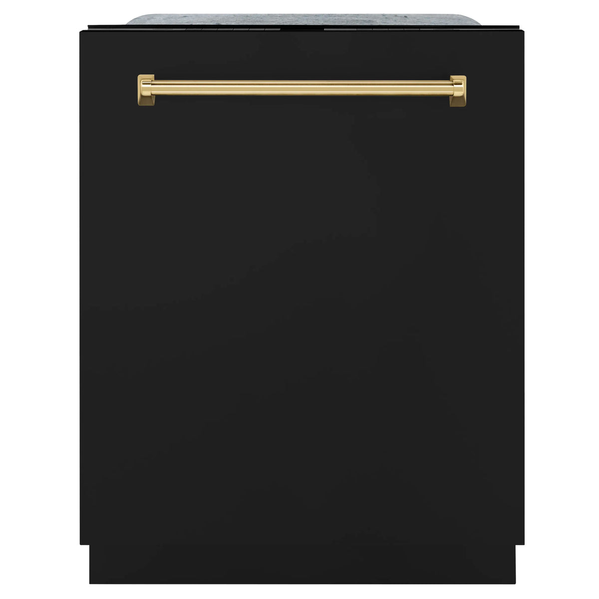 Black matte dishwasher door with a polished gold handle bar