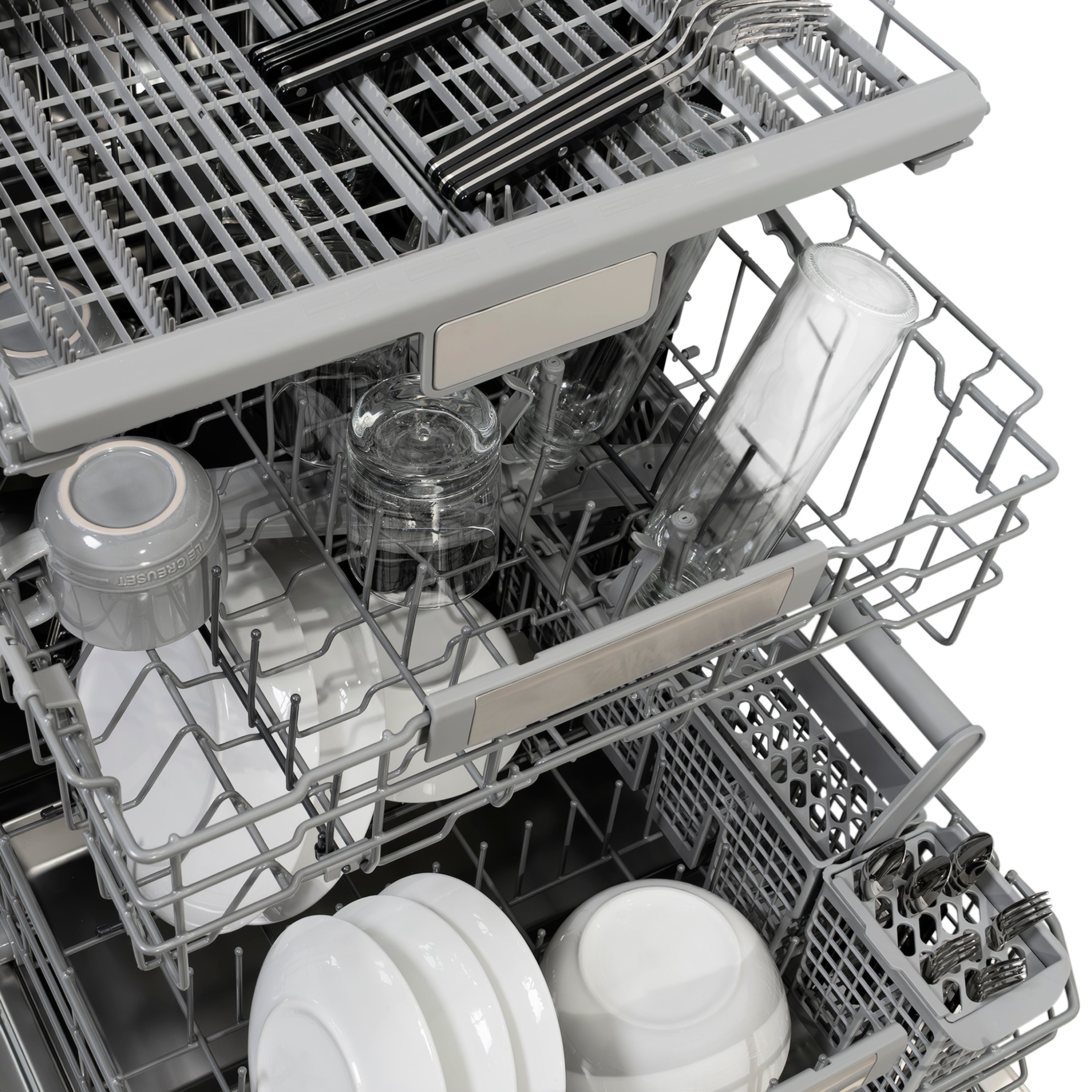 Dishwasher third rack holding stacked cups and stemware