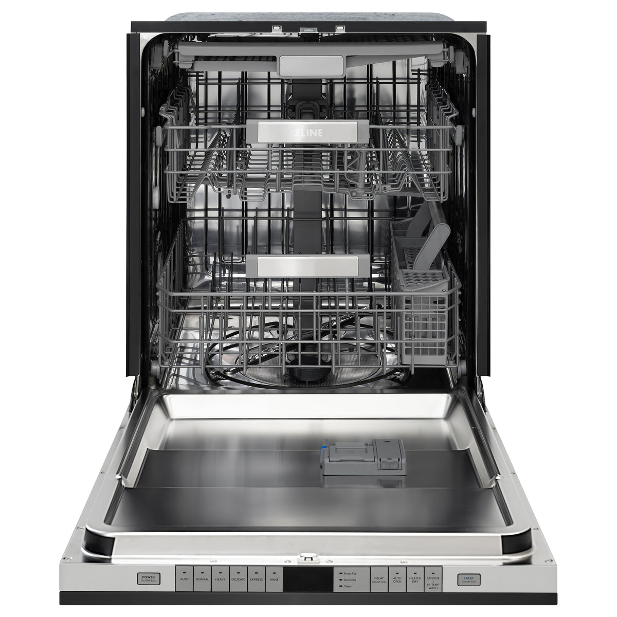 Open dishwasher with racks installed and interior spray components