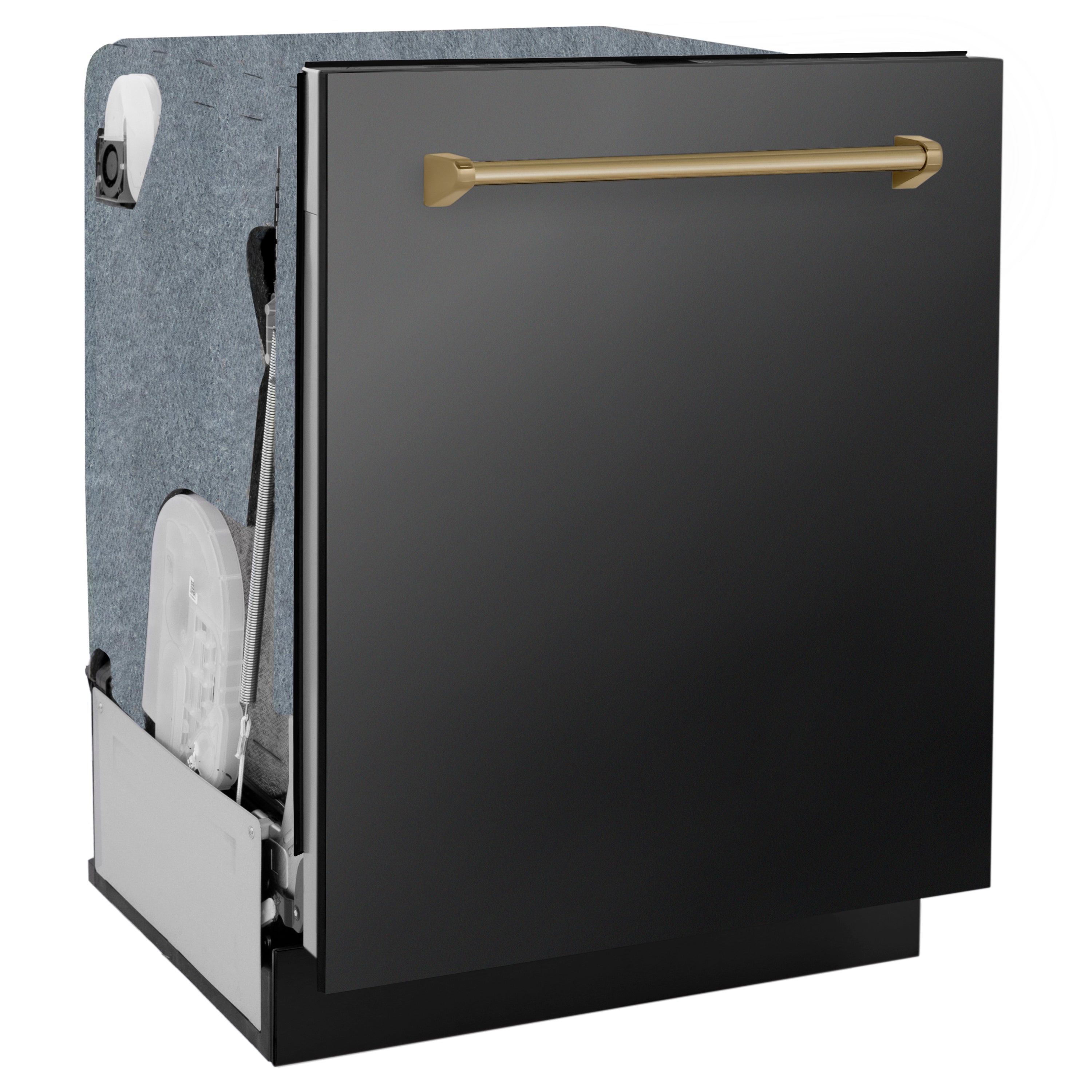 ZLINE dishwasher open side view with black door and champagne bronze handle