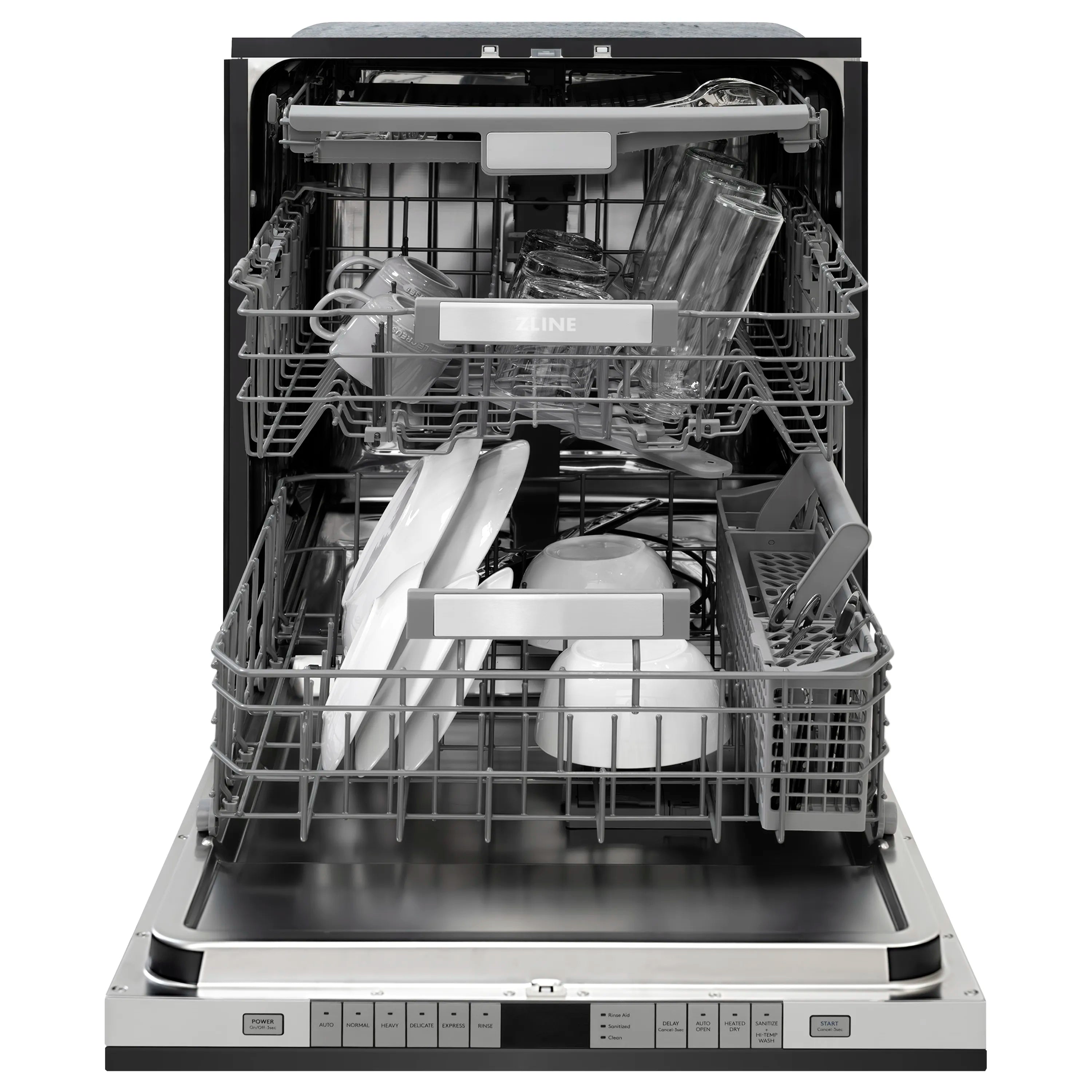 Dishwasher interior with loaded racks, spray arms, and open door