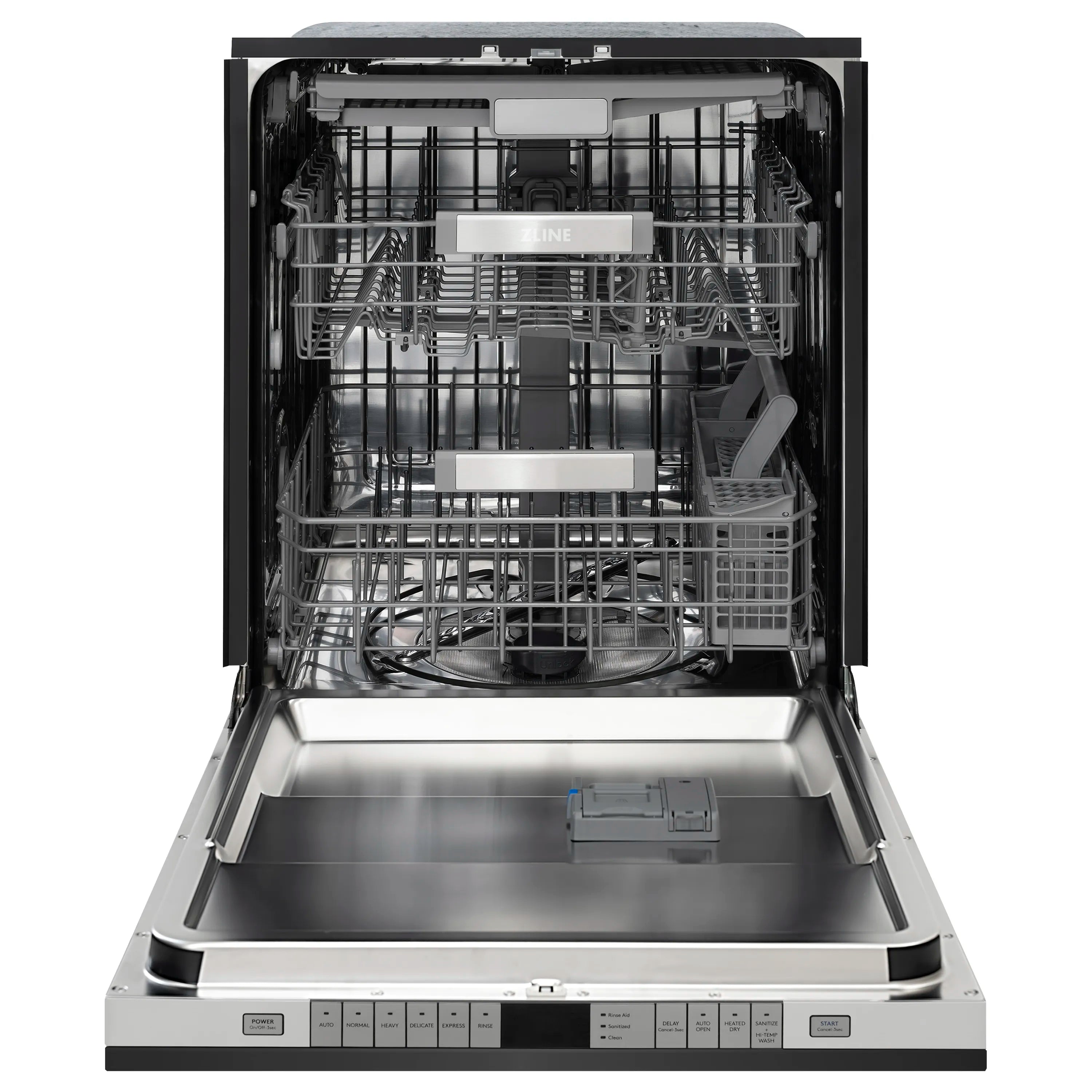 Stainless dishwasher tub with racks and spray system visible through open door