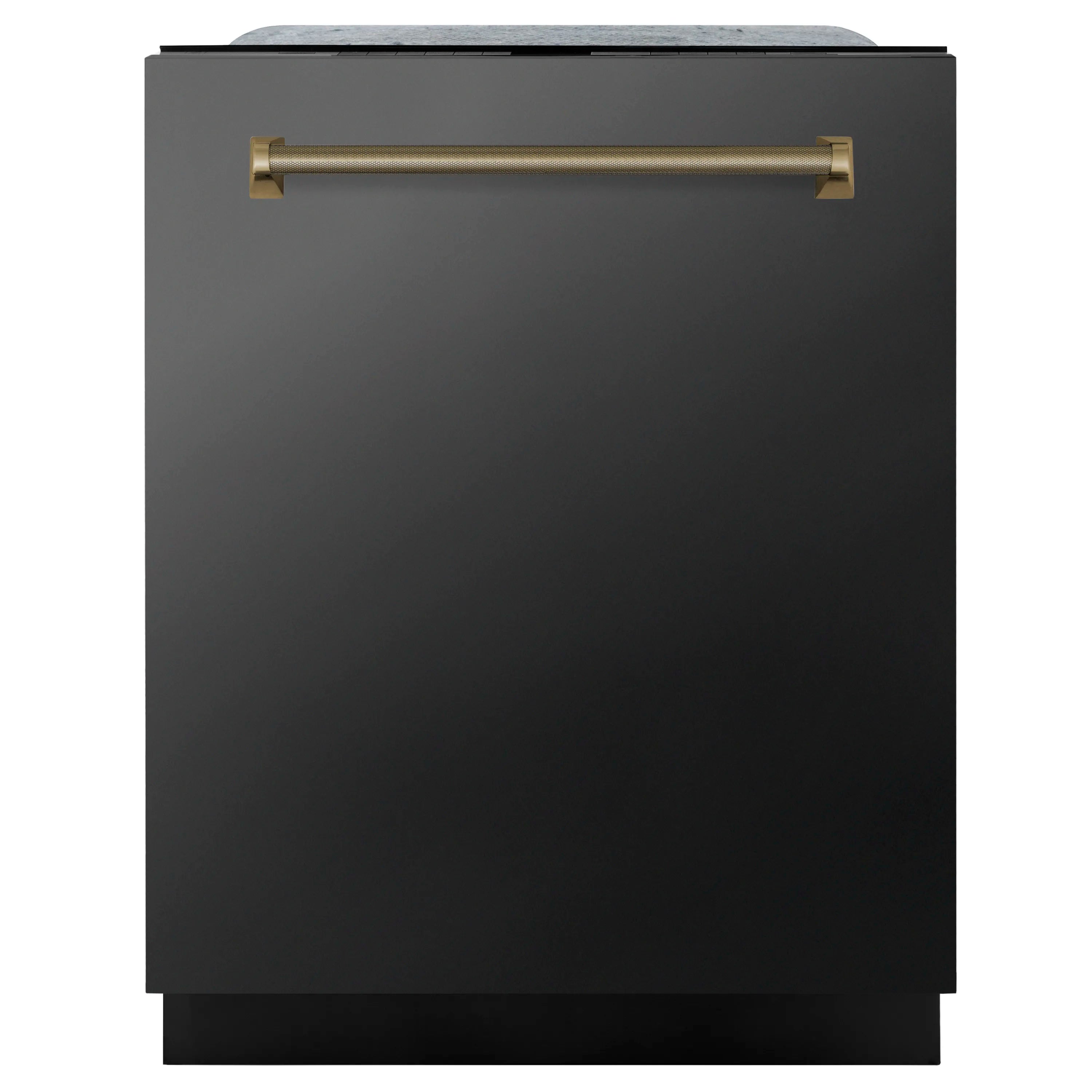 Black stainless steel dishwasher front with champagne-bronze horizontal handle