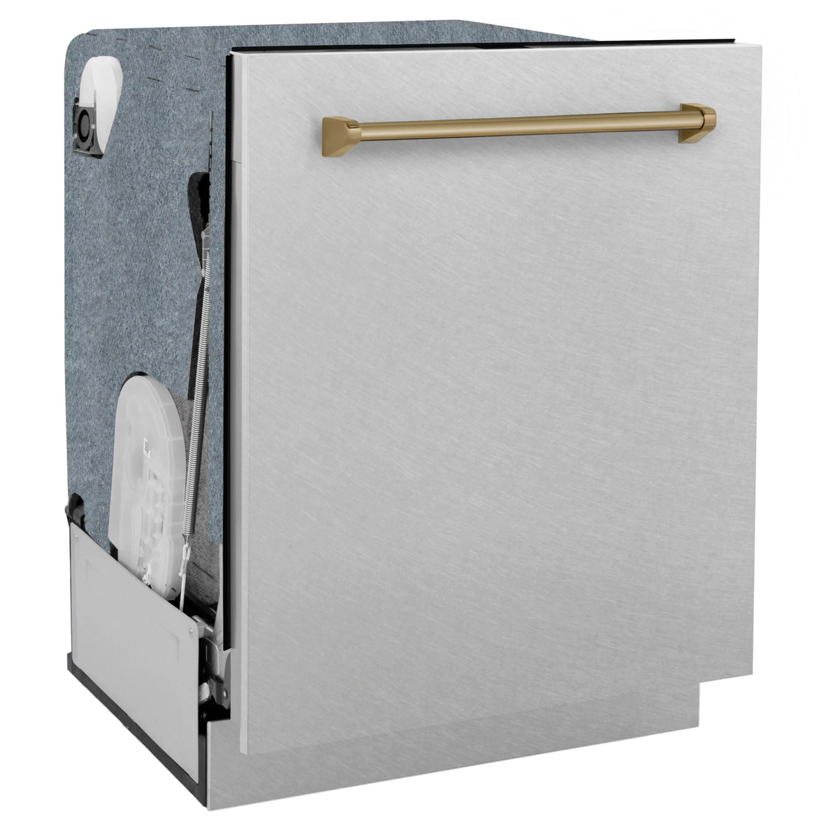 Satin stainless steel dishwasher with champagne bronze handle, front corner view