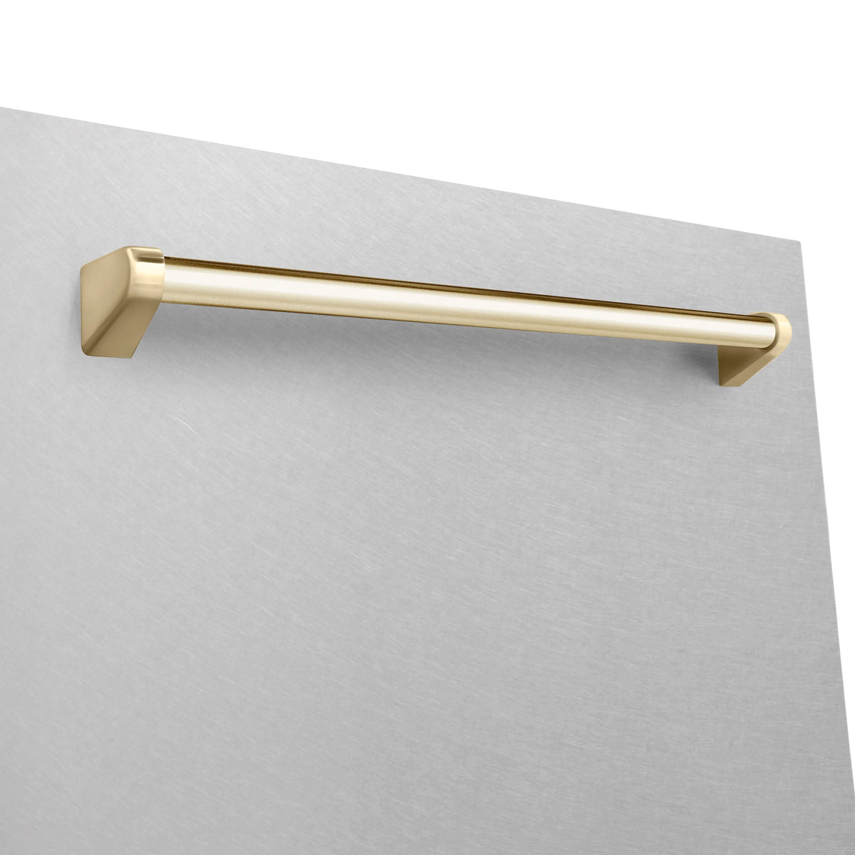 Dishwasher door handle with gold bar on satin stainless steel
