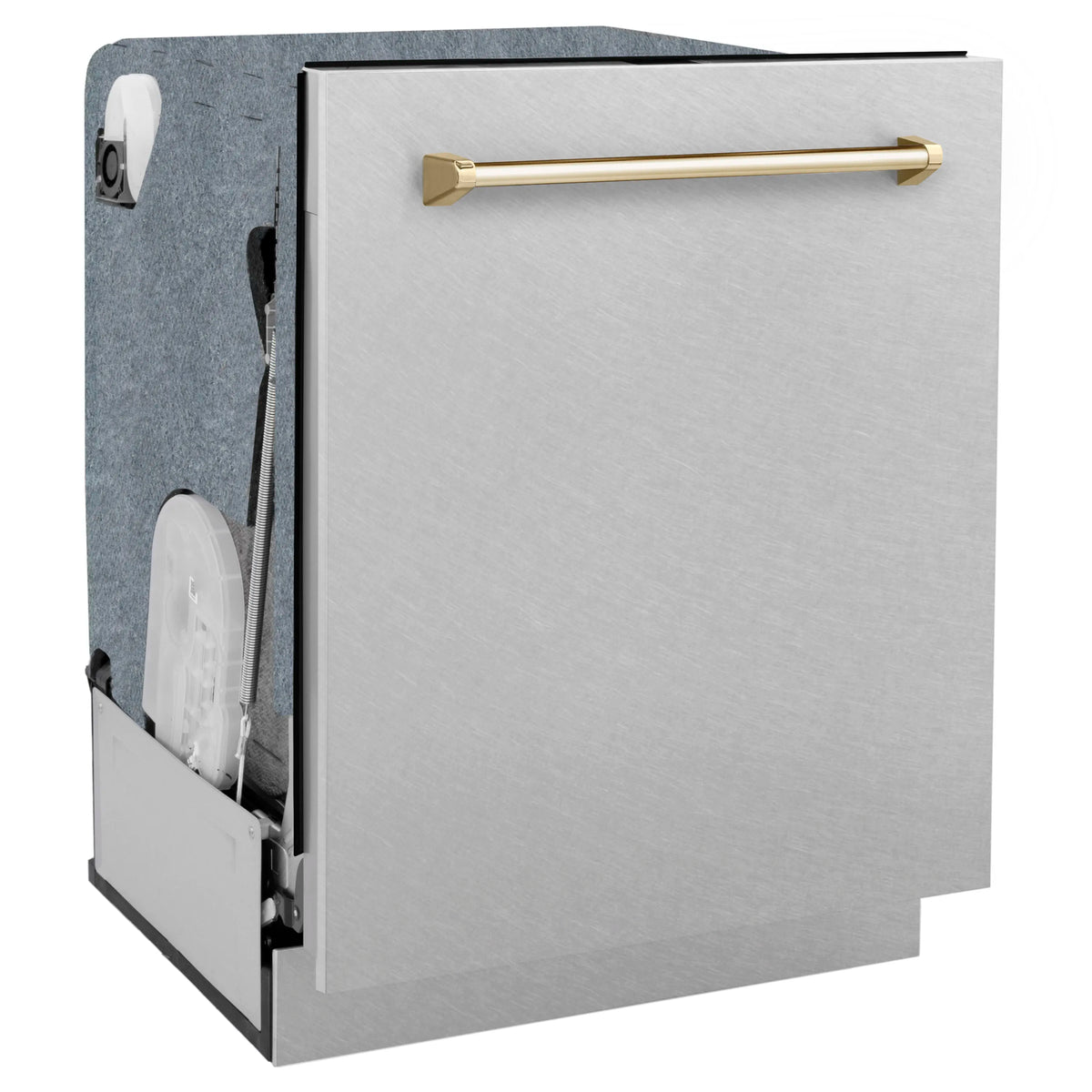 24-inch dishwasher with satin stainless steel door and gold handle, side view