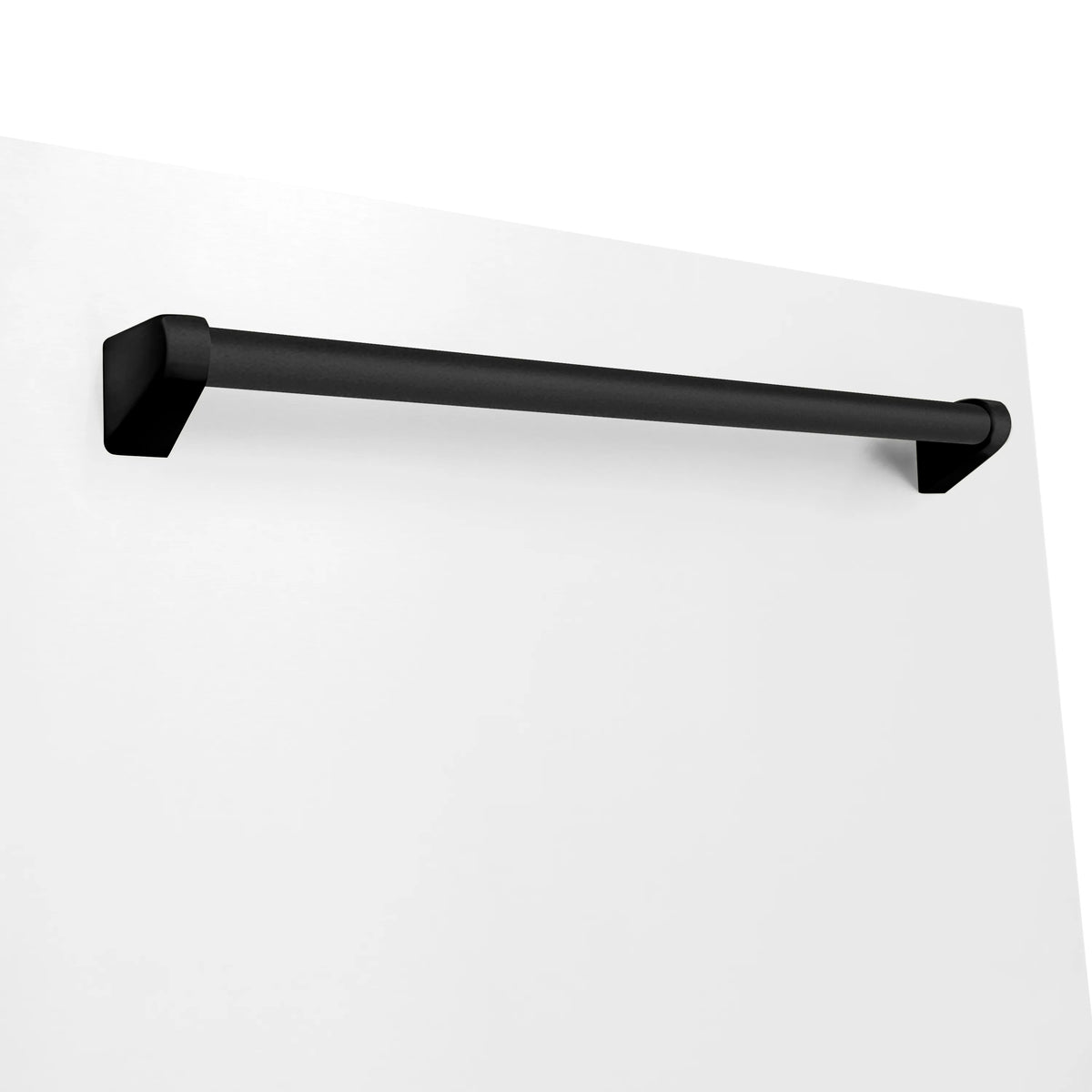 White matte tall tub dishwasher door with matte black handle and top control panel