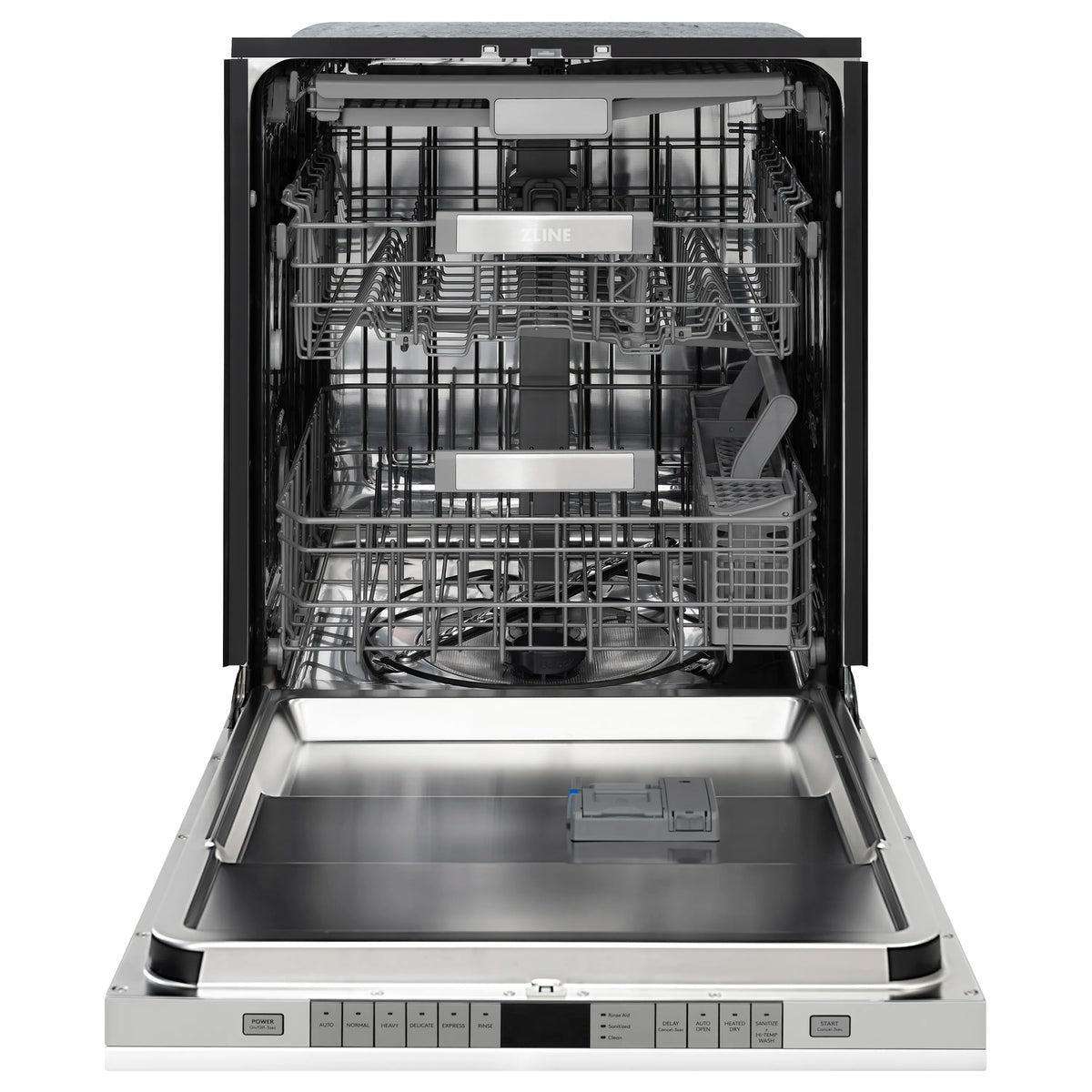 Built-in dishwasher with door open, showing interior racks and silver wash tub.