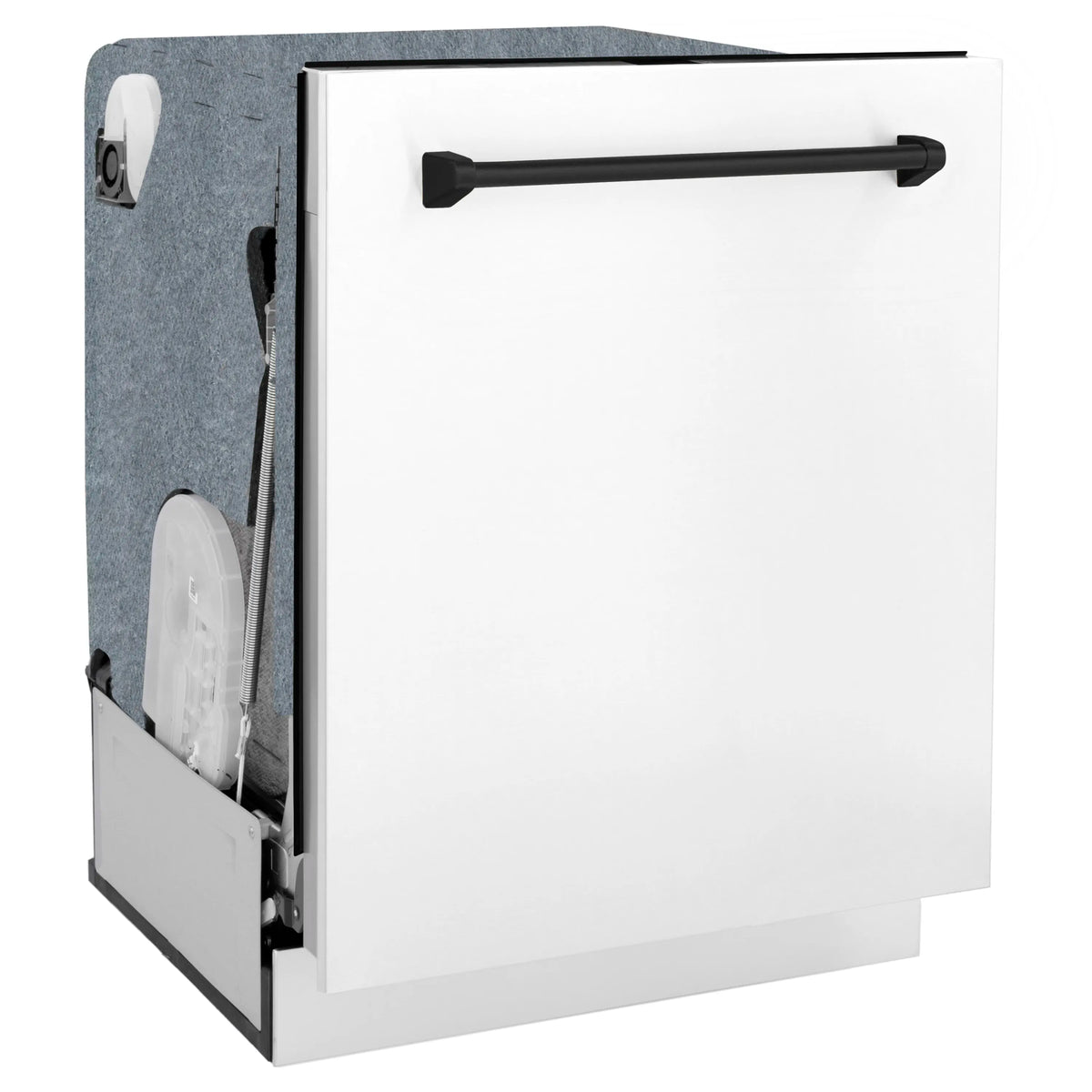 White matte dishwasher with matte black handle, angled side view with door open