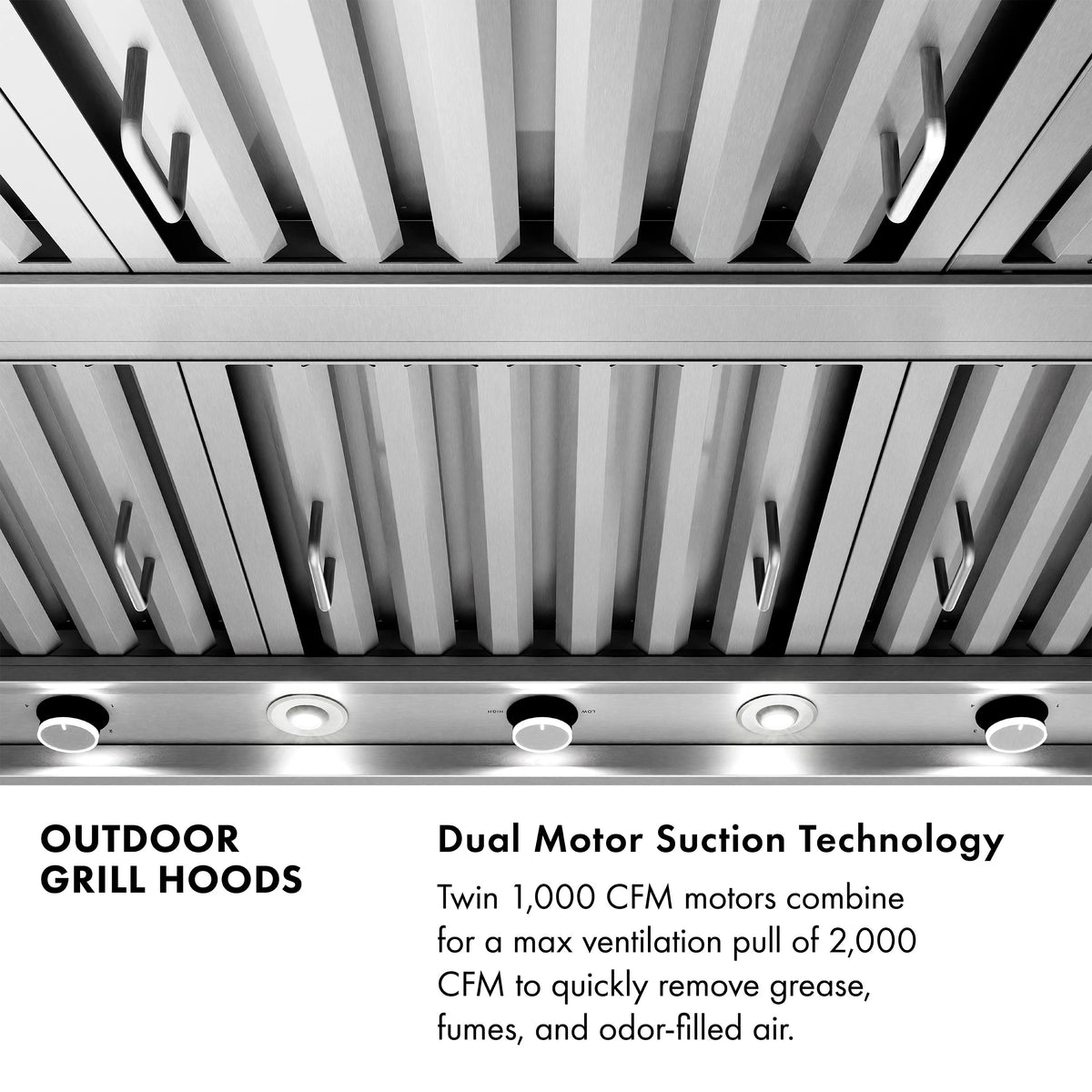 Stainless steel outdoor grill hood with vent openings underside