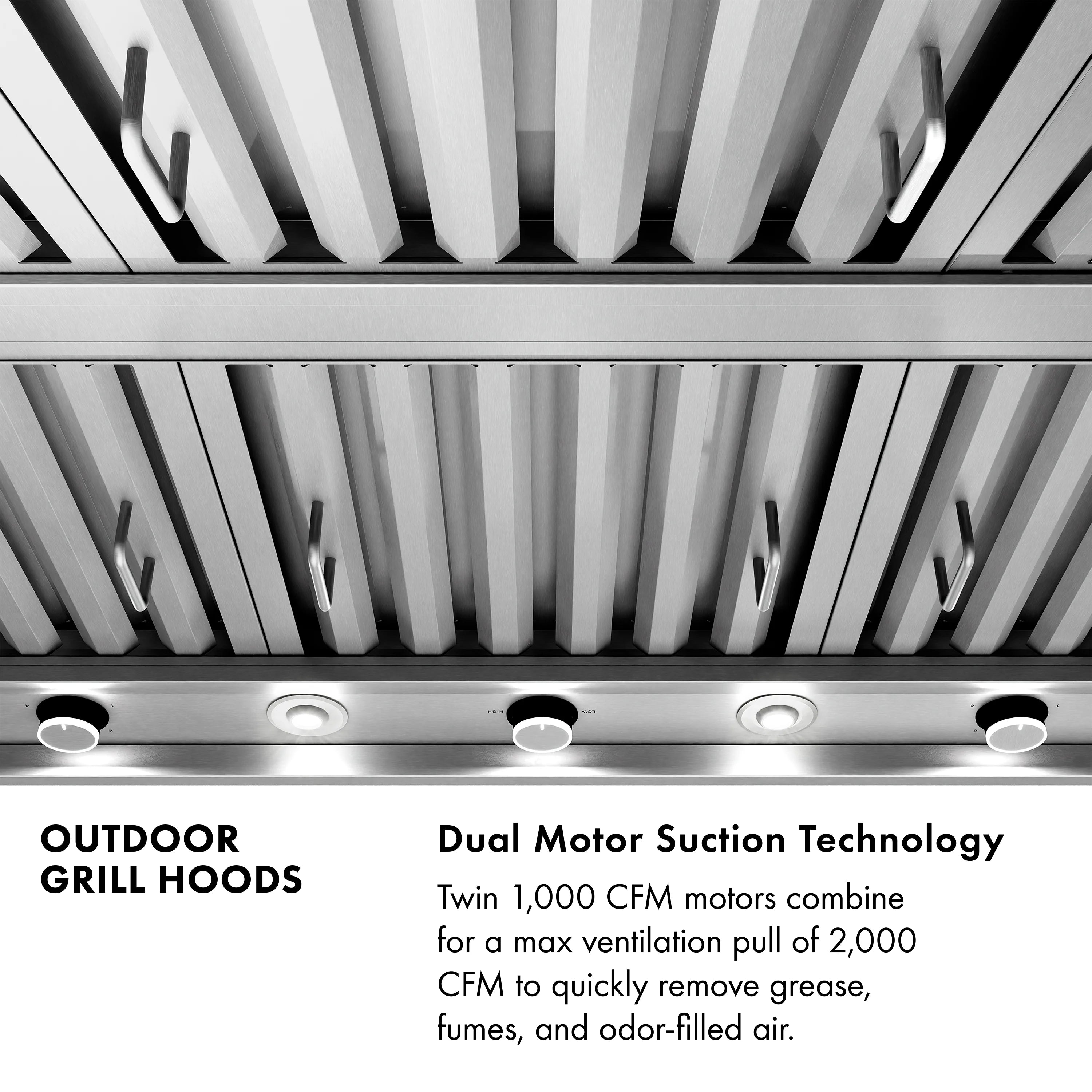 Under-mount outdoor grill hood with vertical baffle channels and recessed ceiling light