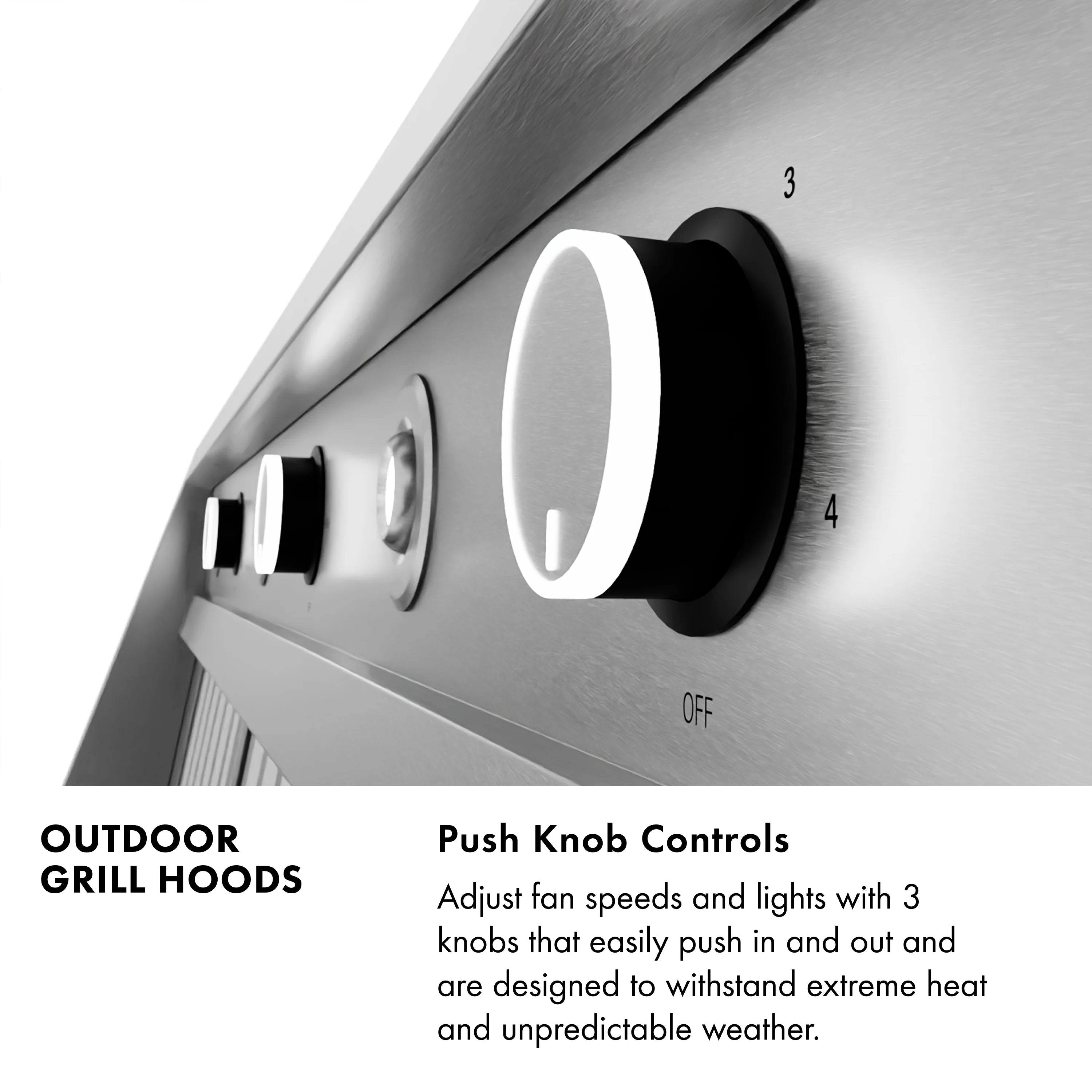 Stainless outdoor grill hood push knob with round black bezel and OFF label