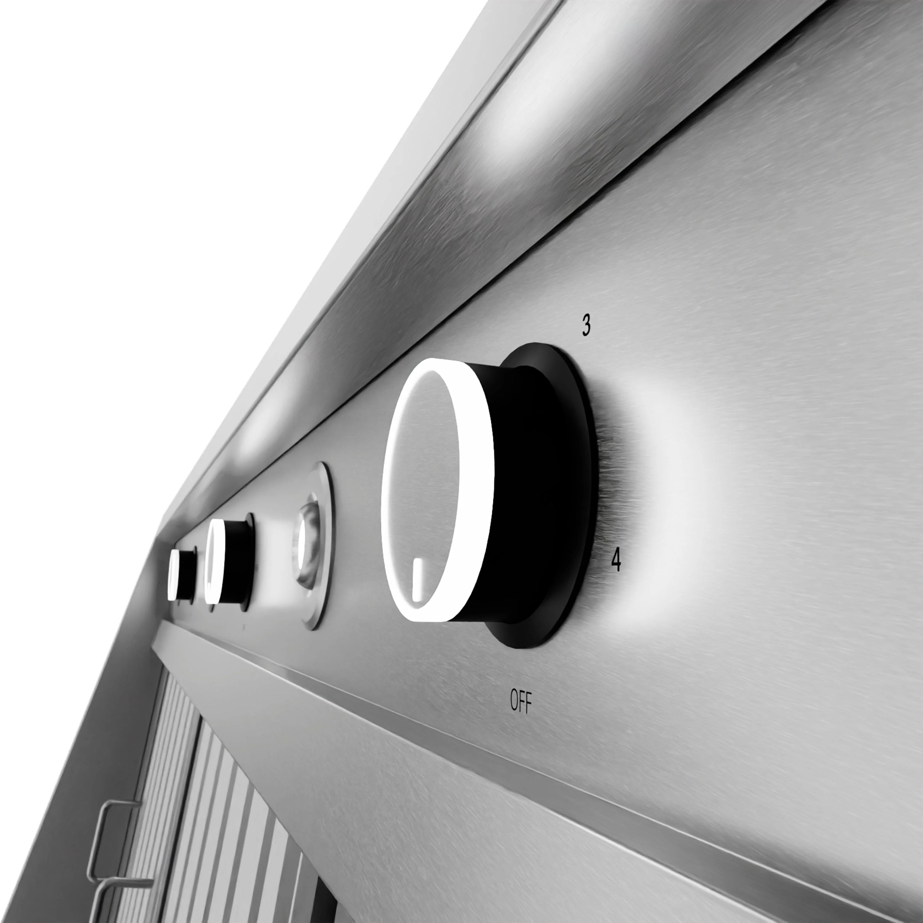 Outdoor grill hood control panel with round LED light knob and OFF label