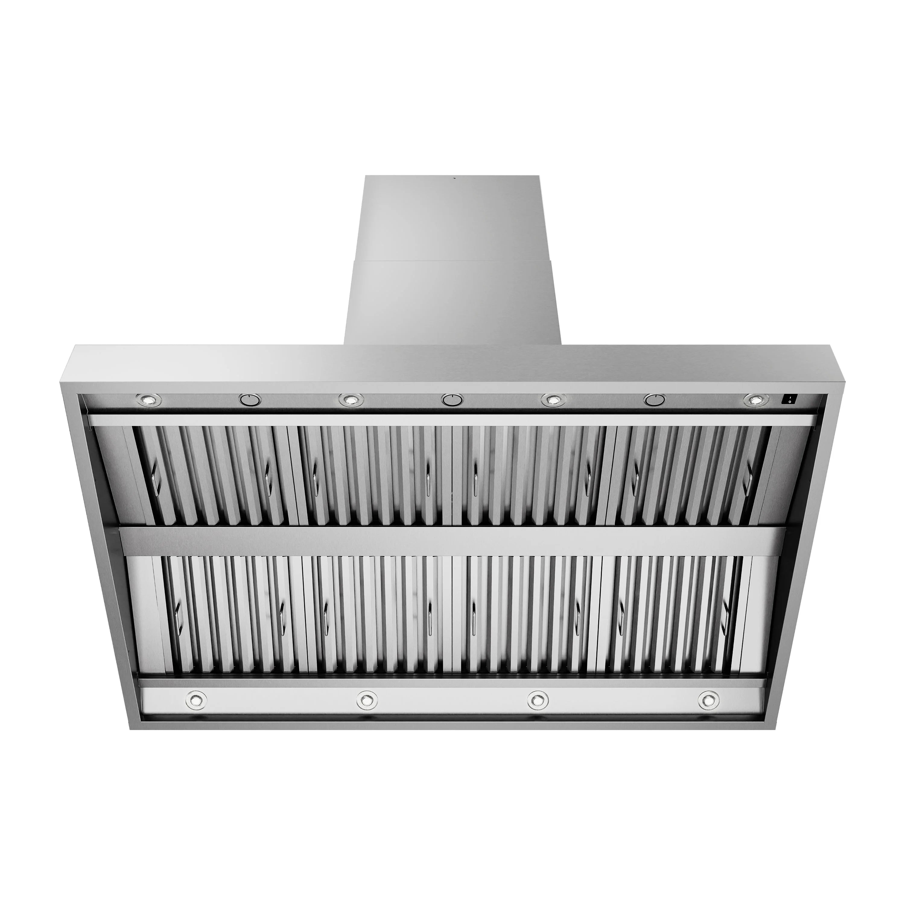 Outdoor grill hood with front baffle panel and row of recessed LED light ports