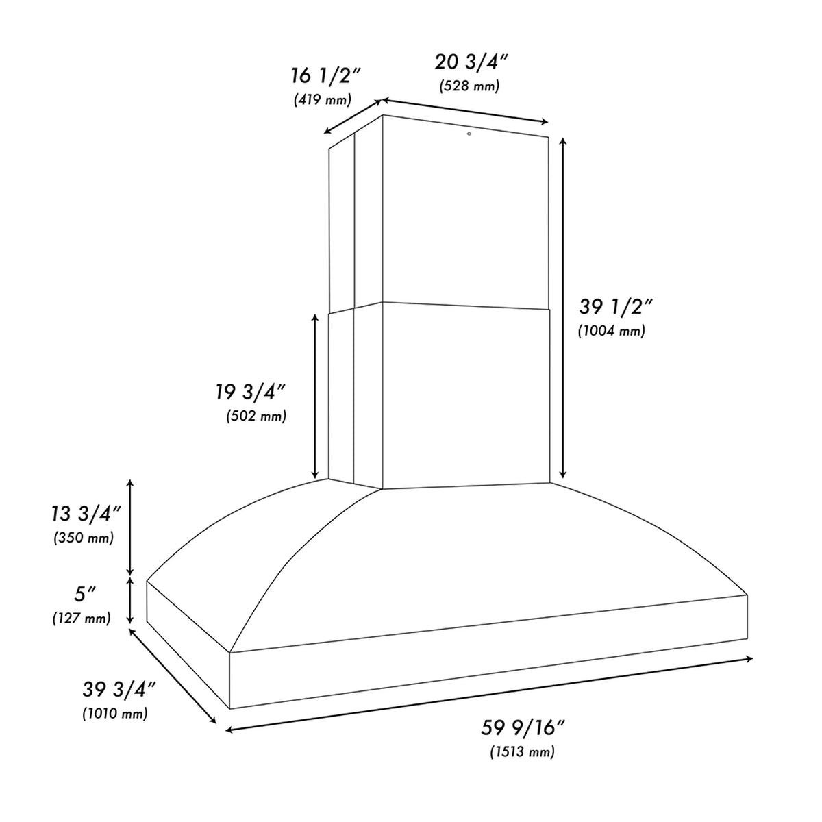 Stainless steel grill hood dimension diagram with height and width measurements