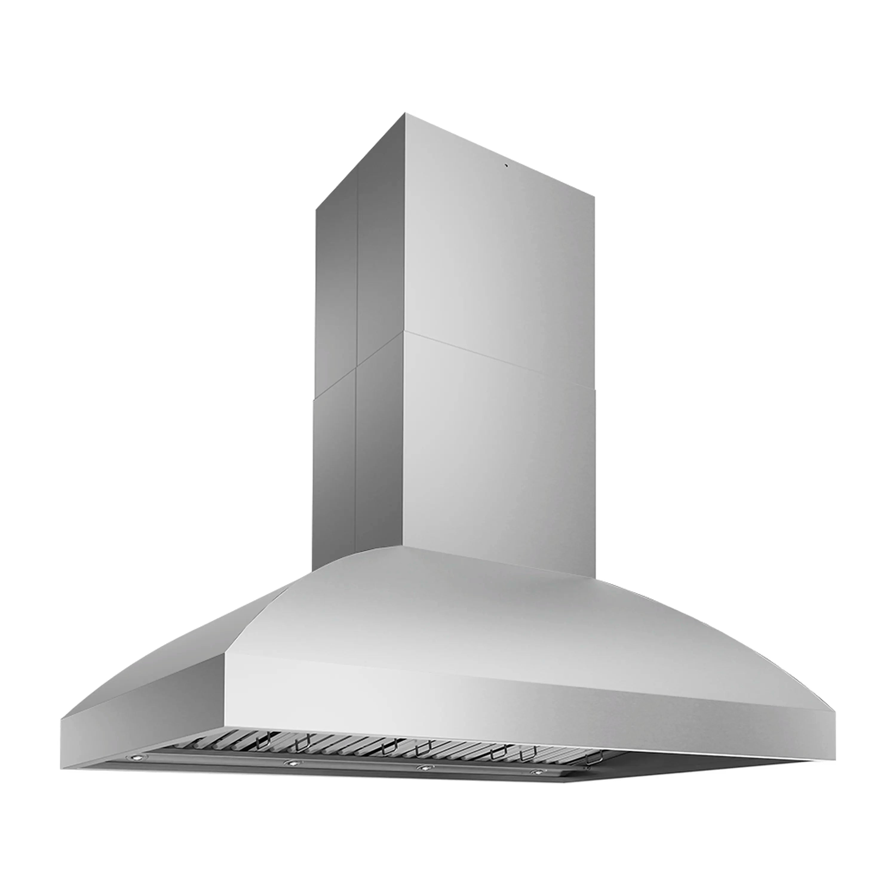 Stainless steel island grill hood with open underside and chimney flue