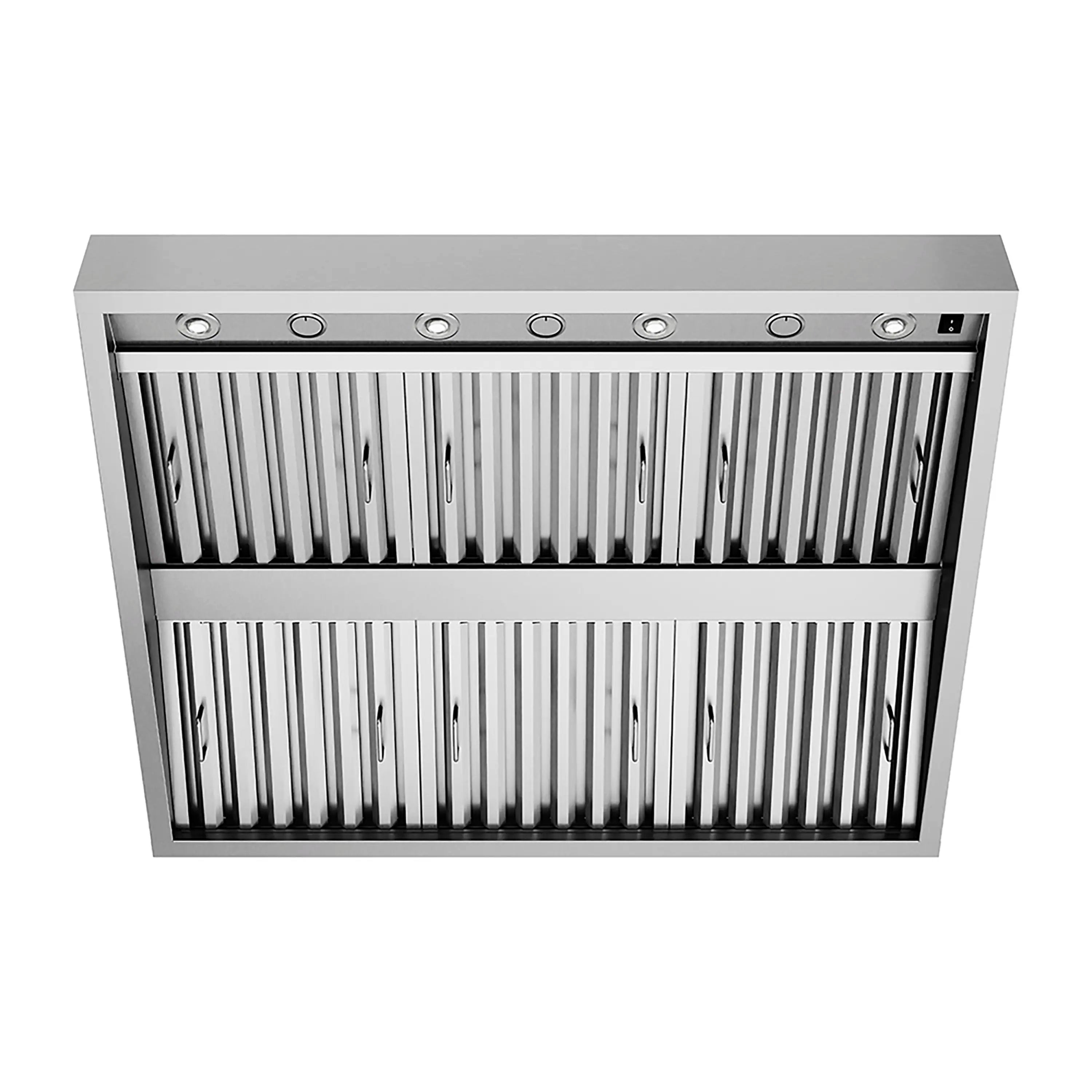 Outdoor grill hood front with removable stainless baffle filter panels and knobs