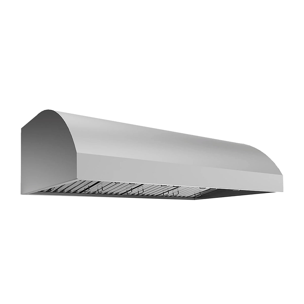 Stainless under-cabinet grill hood side profile with vent canopy outlet