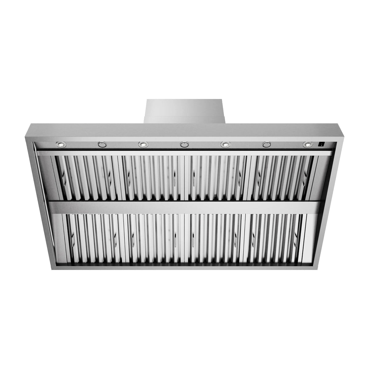 Stainless outdoor grill hood underside with baffle-style ventilation slats