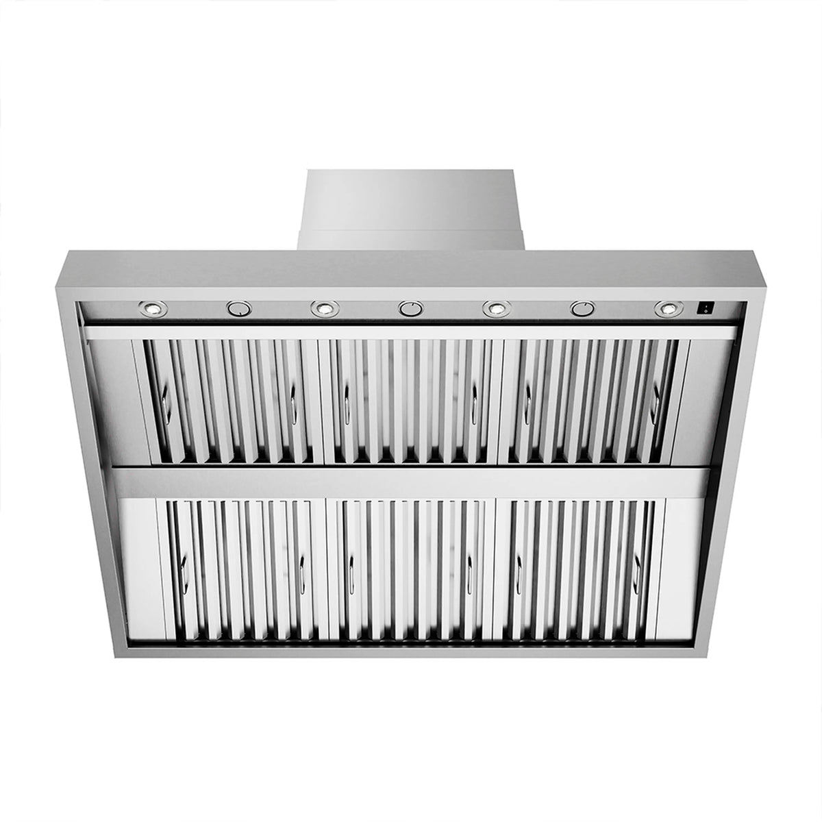 Stainless steel wall mount grill hood with LED light strip and interior baffles