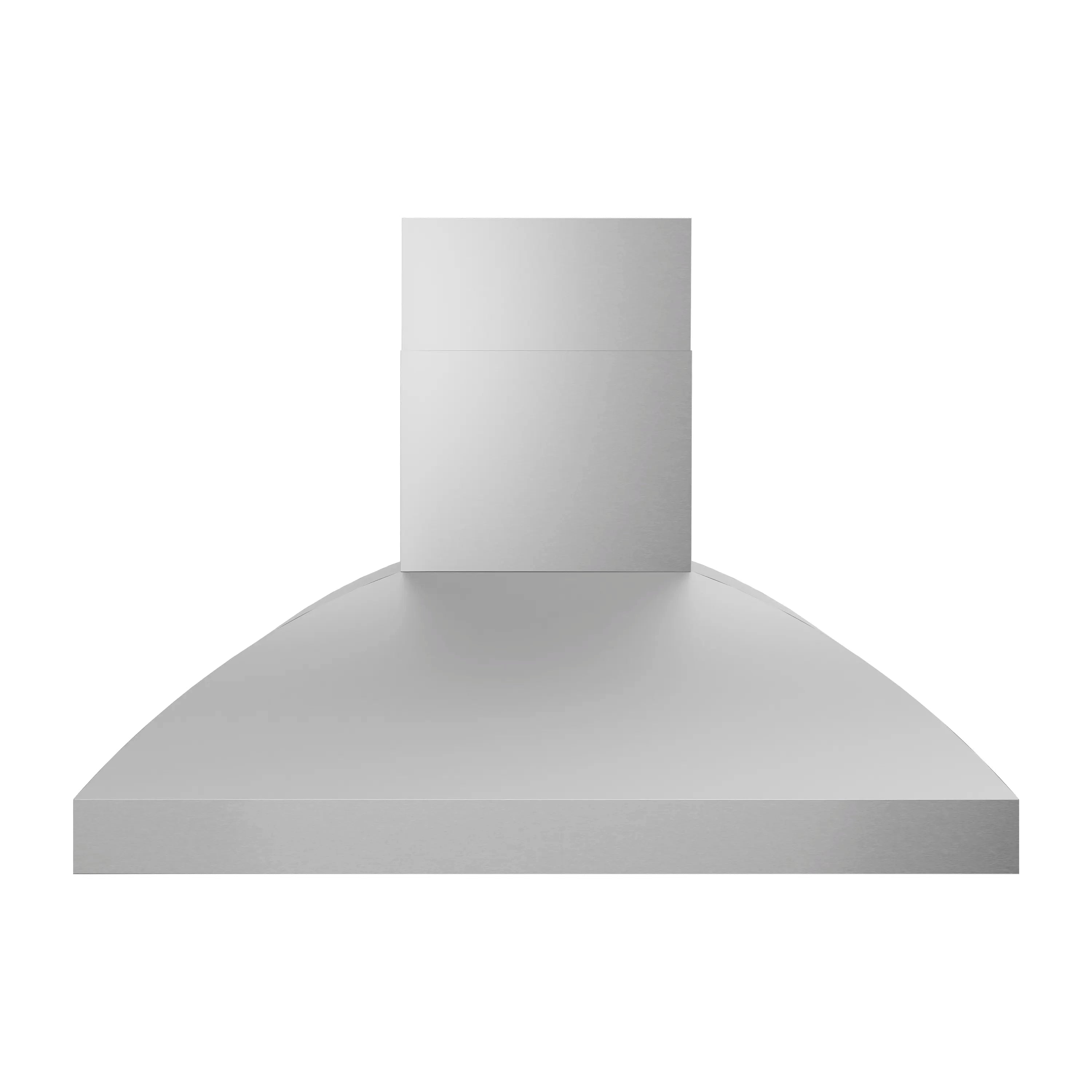 Stainless steel wall-mount grill hood with flared canopy and vertical chimney