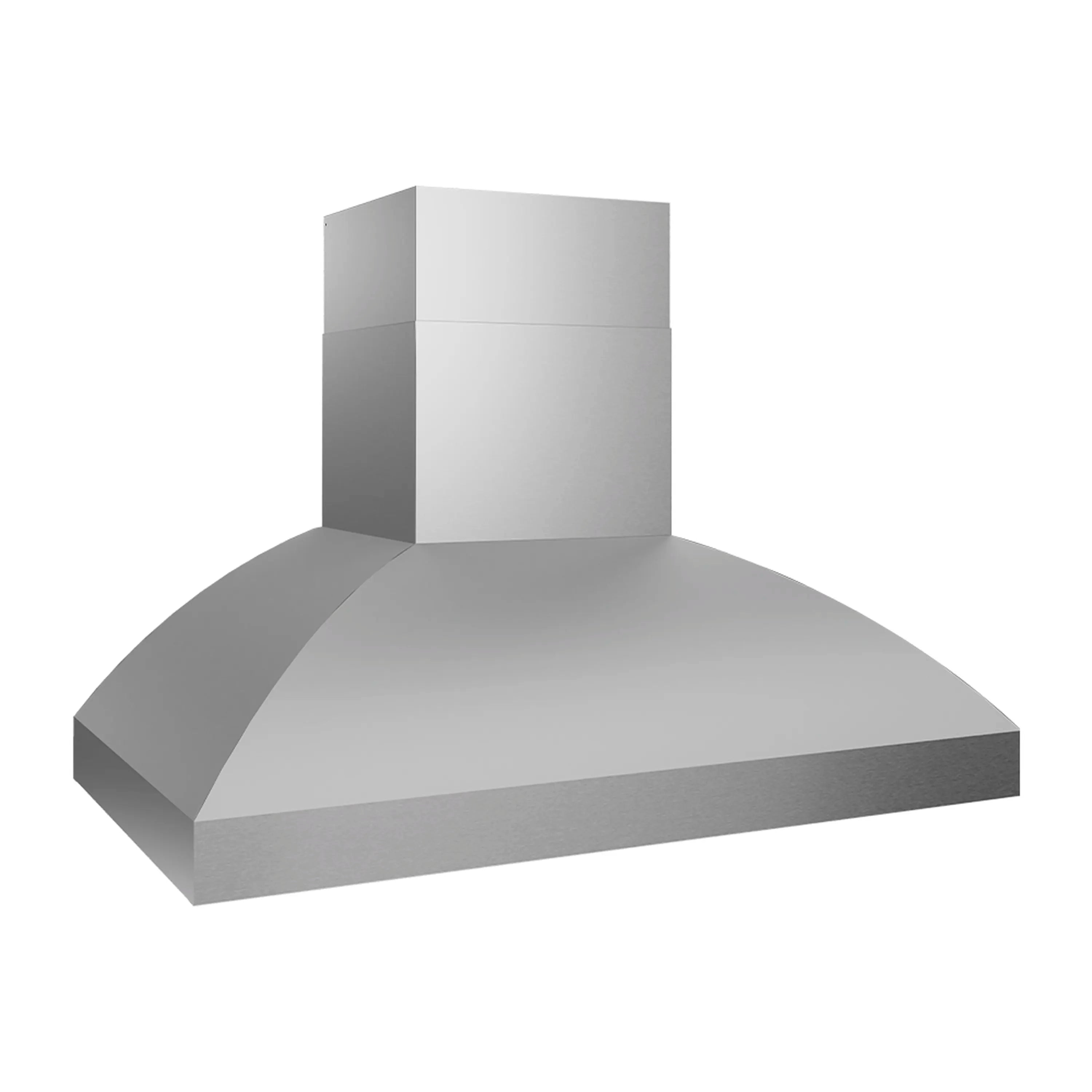 Stainless steel wall-mount grill hood with smooth flared canopy and chimney