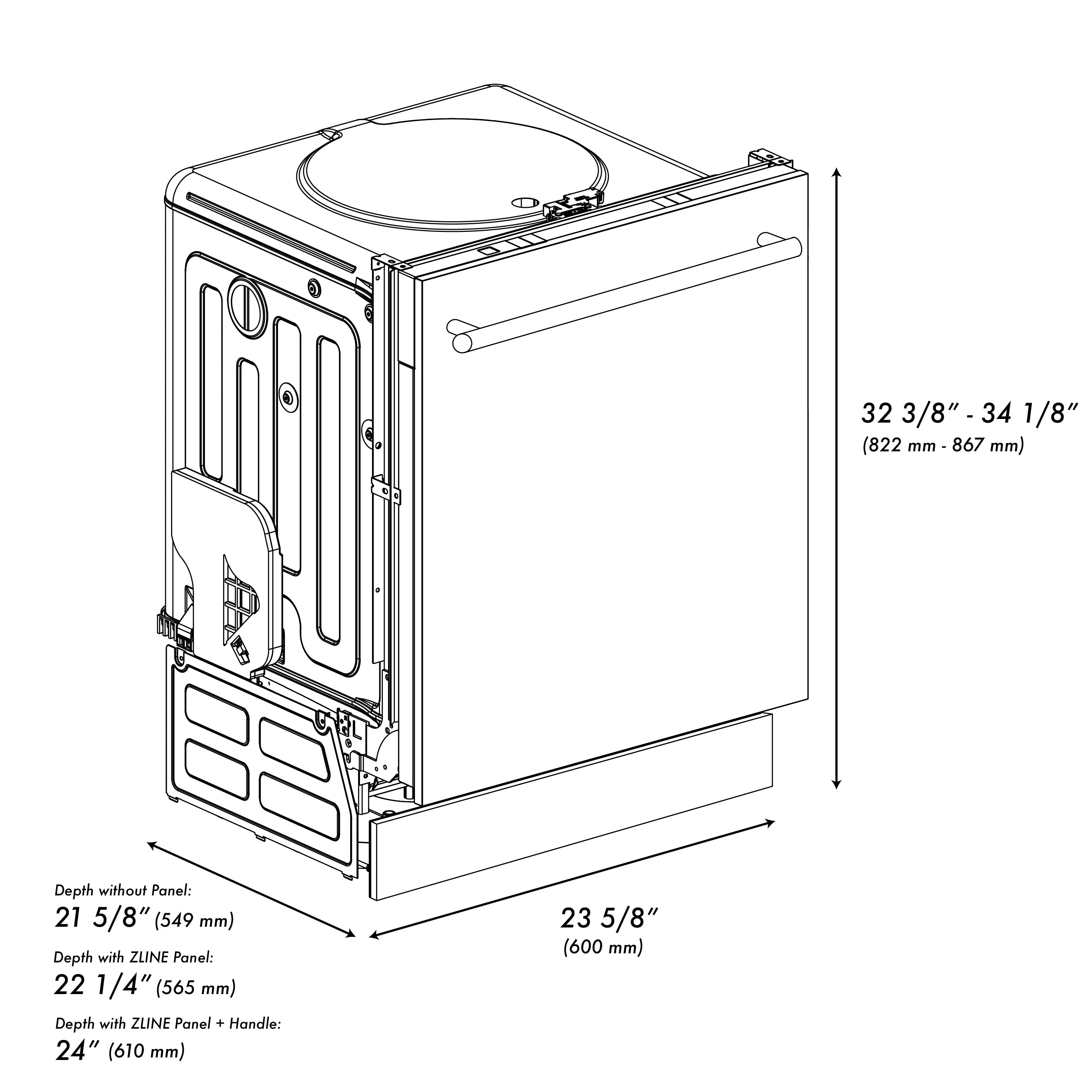 Dishwasher technical line drawing with exterior dimensions shown