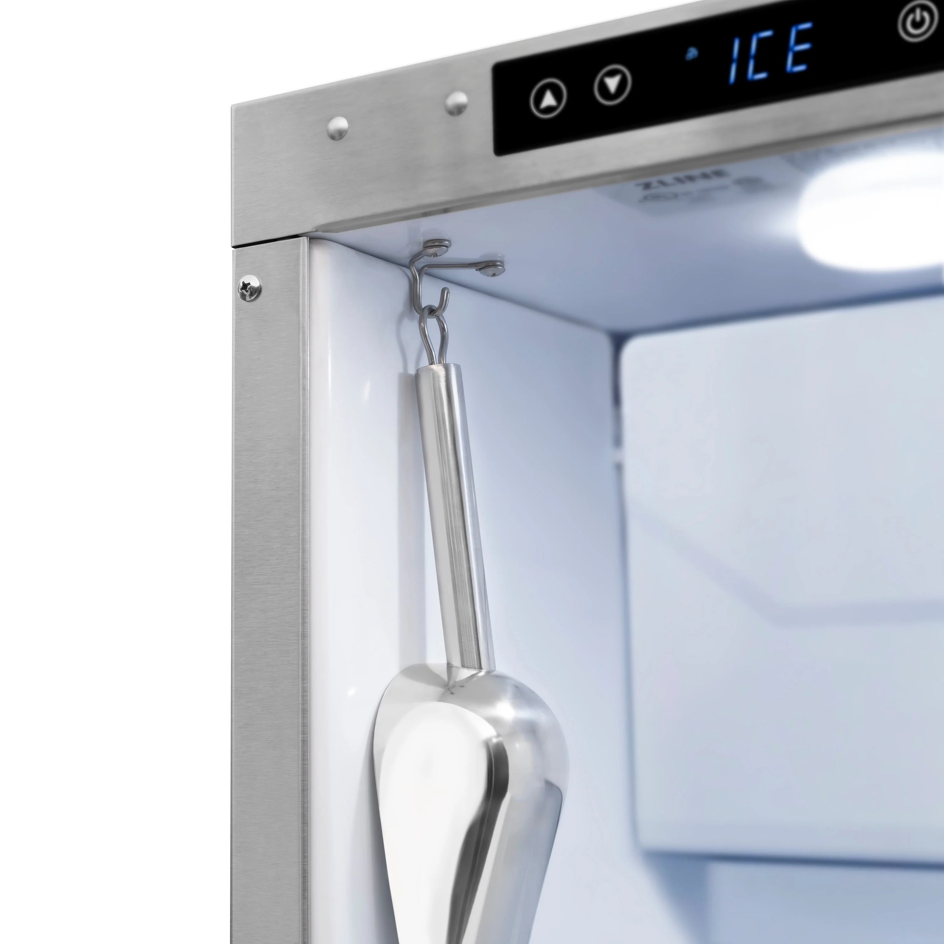 Stainless ice maker top with hanging ice scoop and control panel border