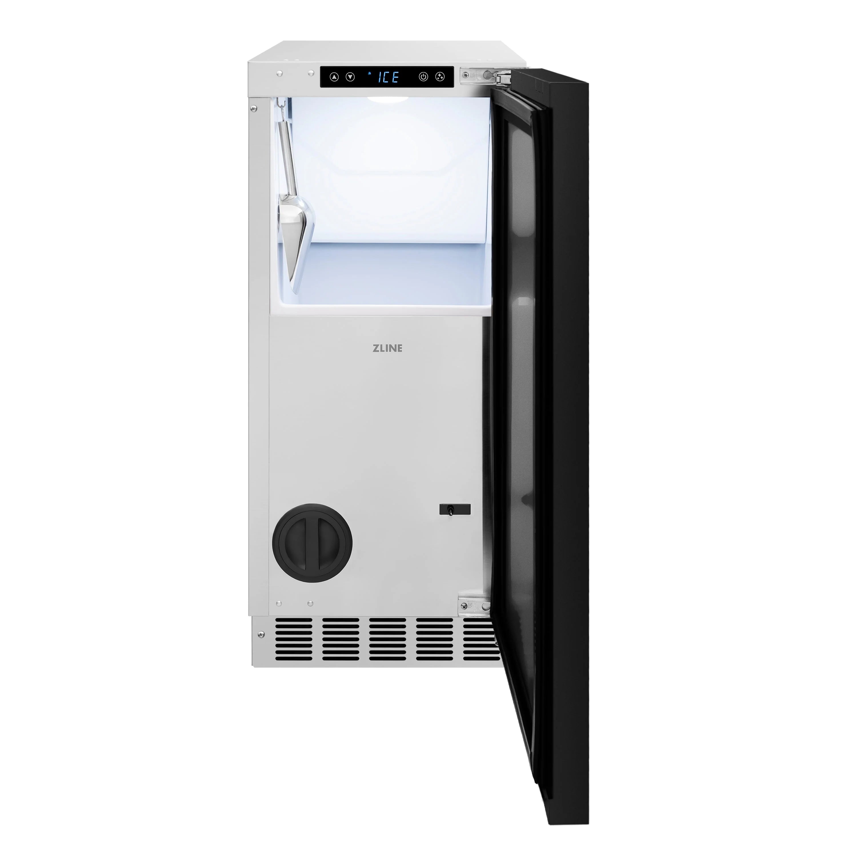 Panel-ready clear cube ice maker with open door, white bin and stainless interior