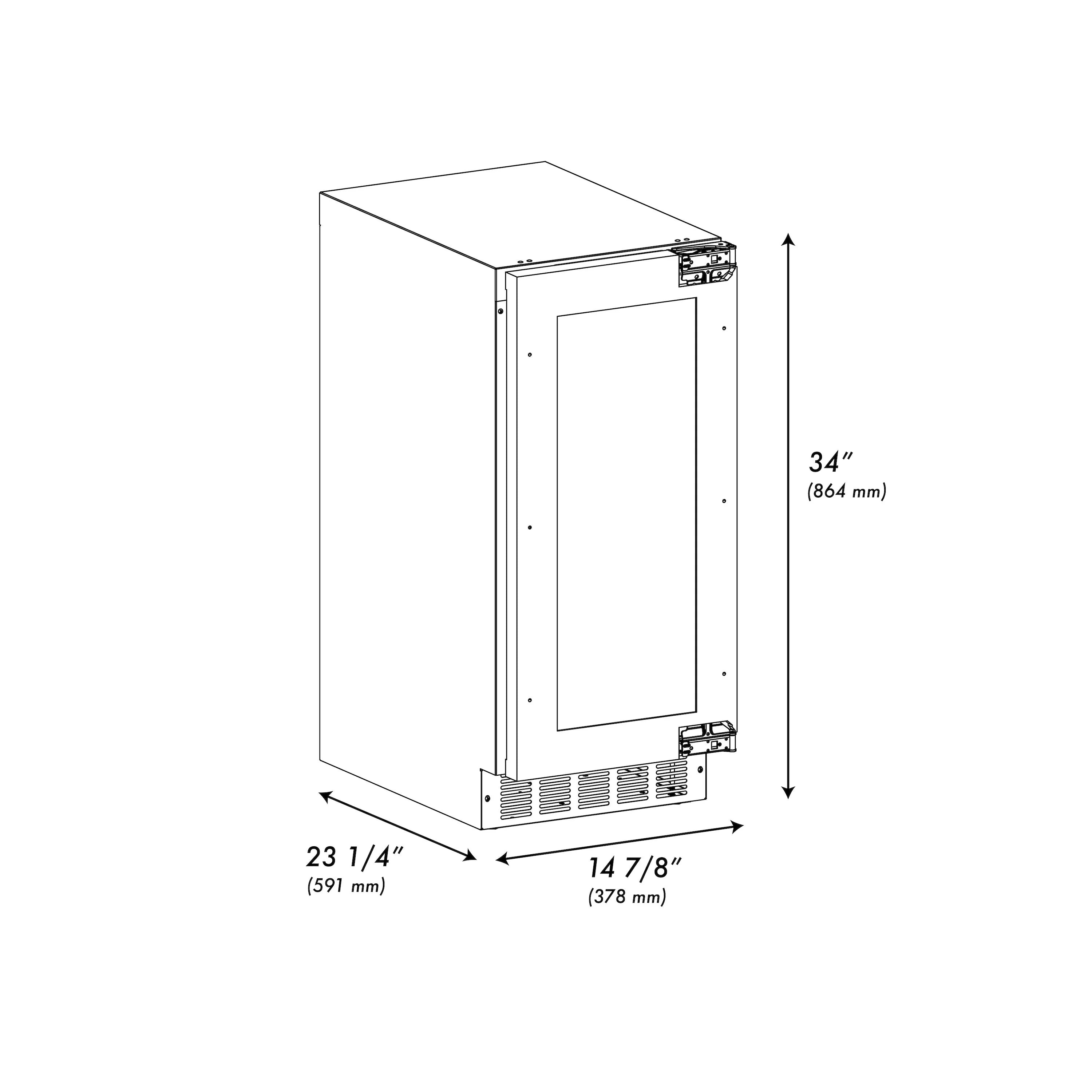 Ice maker dimensions diagram showing 34 in height and 14 7/8 in width