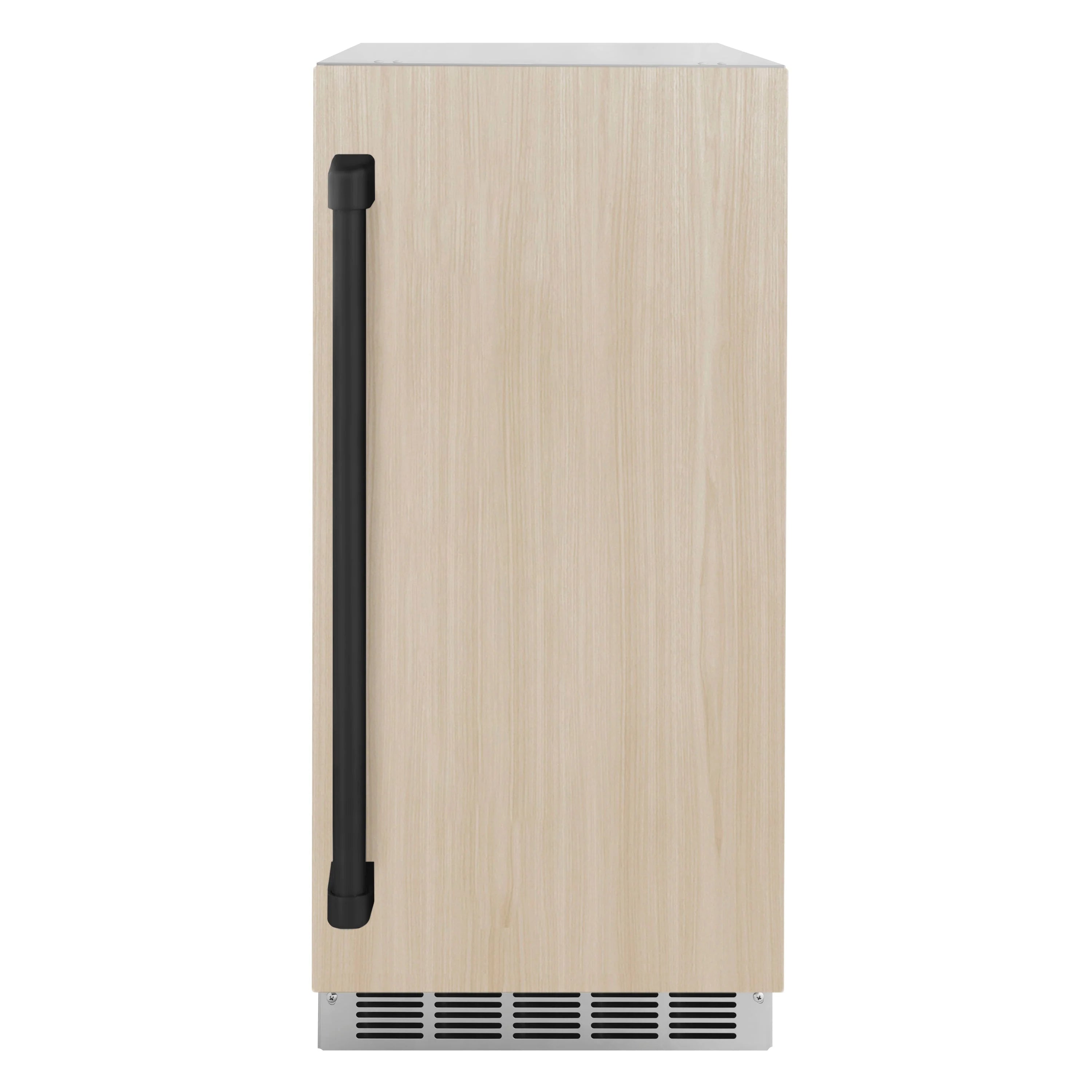 Panel-ready ice maker with light wood door panel and black recessed handle bar