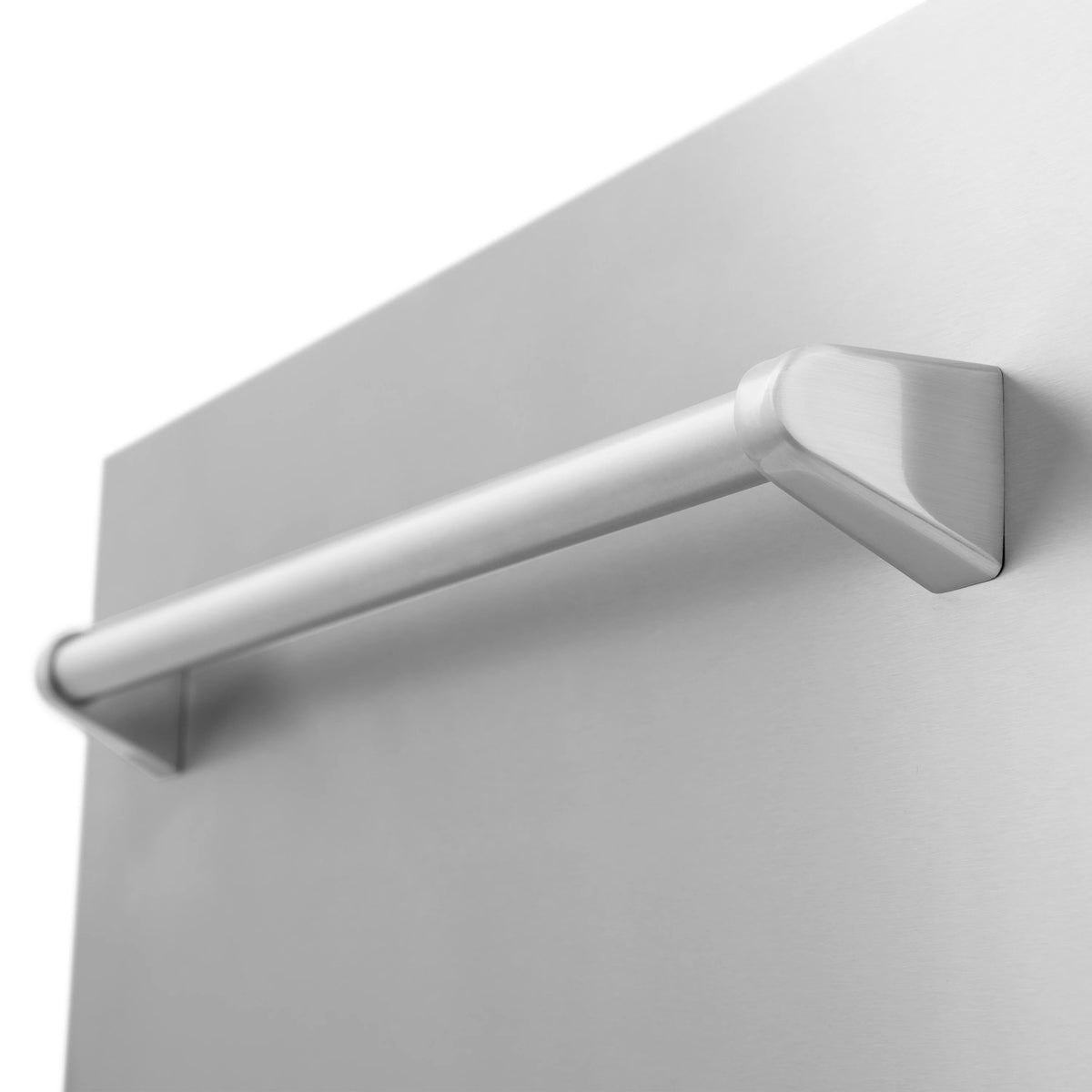 Traditional horizontal dishwasher handle on satin stainless door.