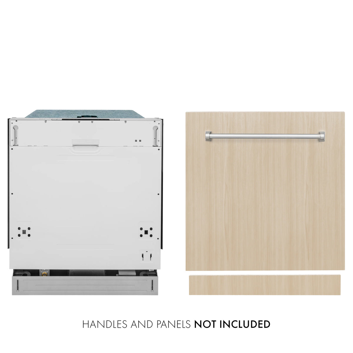 Custom panel-ready dishwasher showing white backing and wood panel with handle