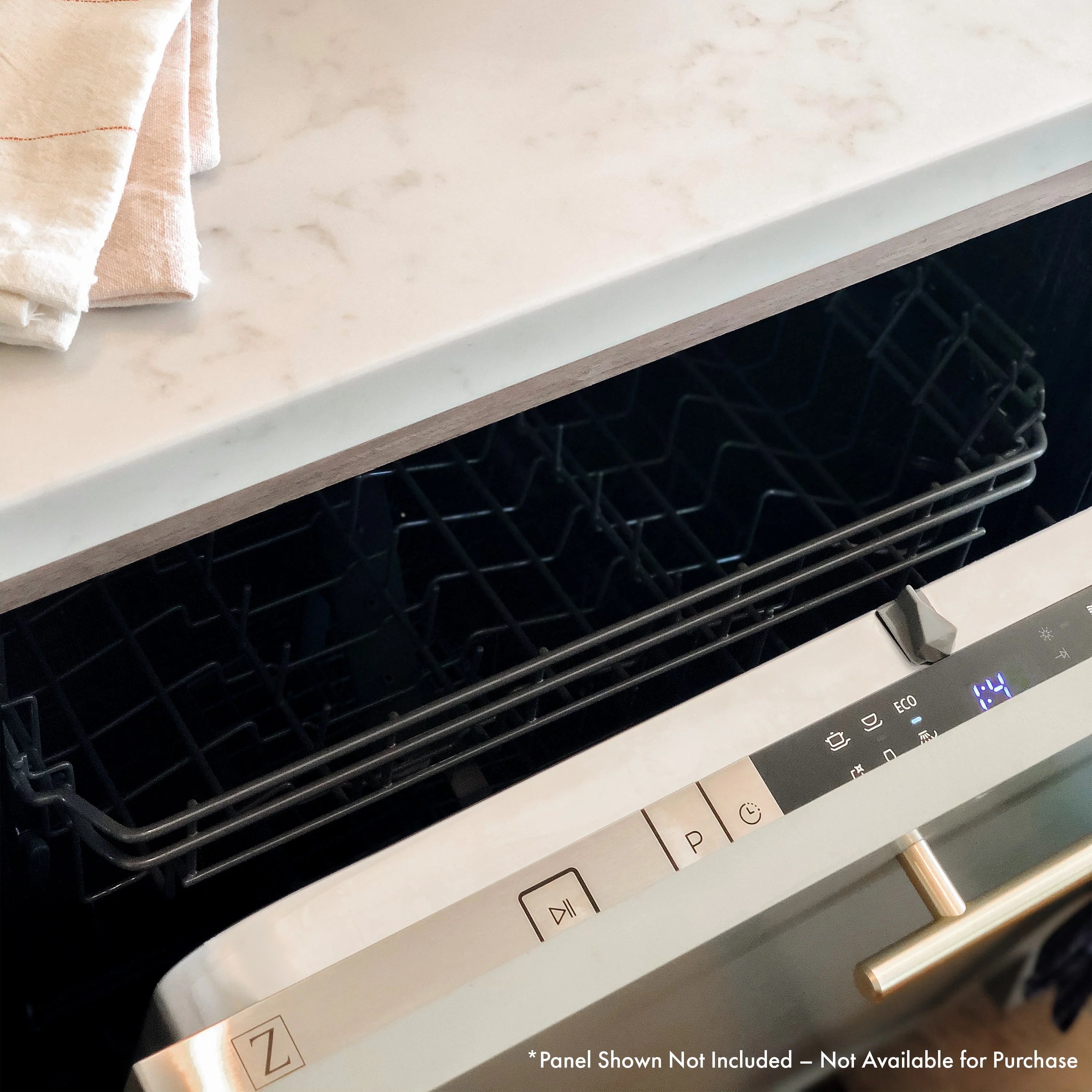 Dishwasher top control panel area with indicator lights along the inner tub rim
