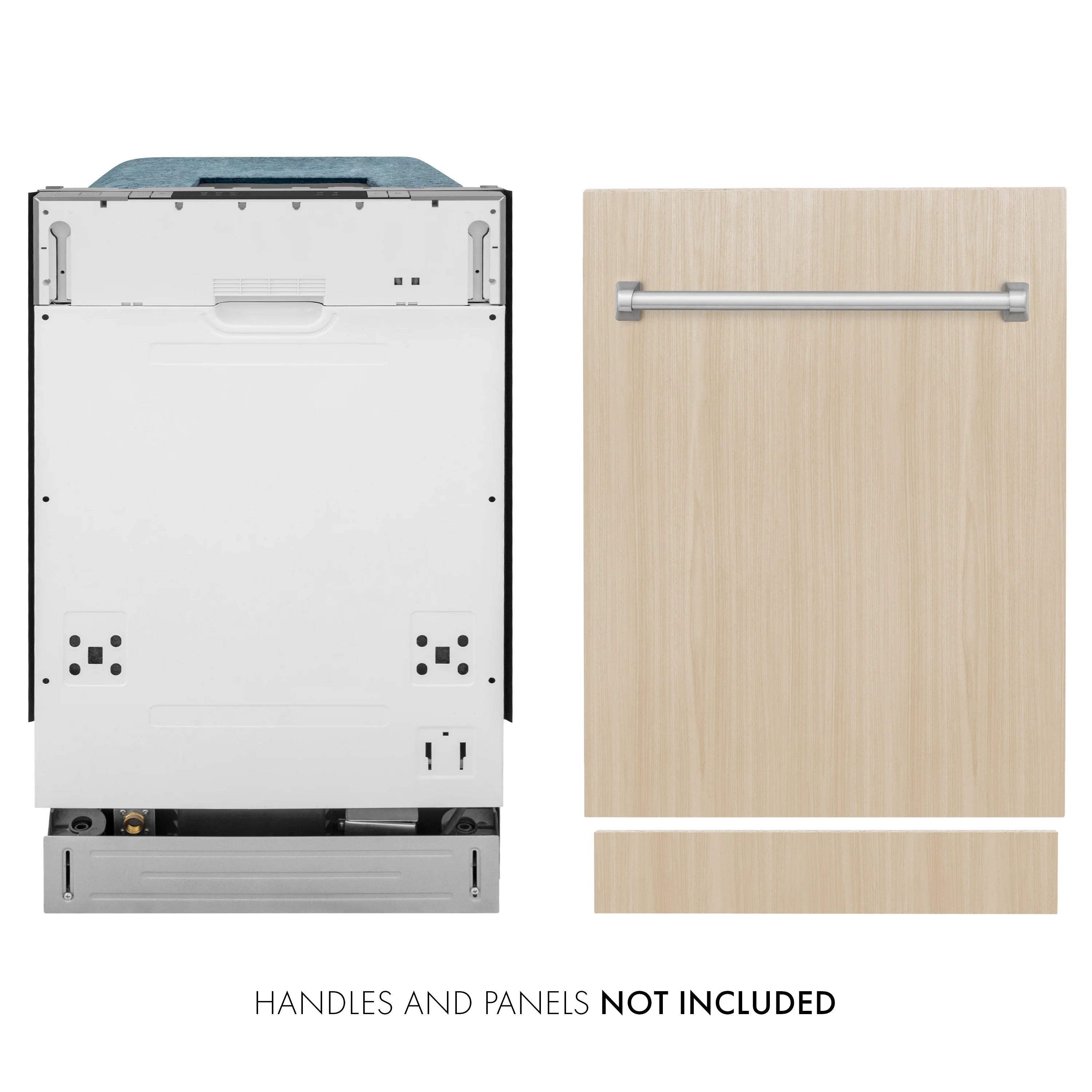 Dishwasher installation view showing mounting hardware and wood-look door panel mockup