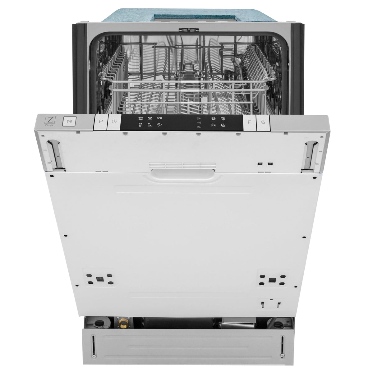Panel-ready top control dishwasher front with open door and empty stainless racks