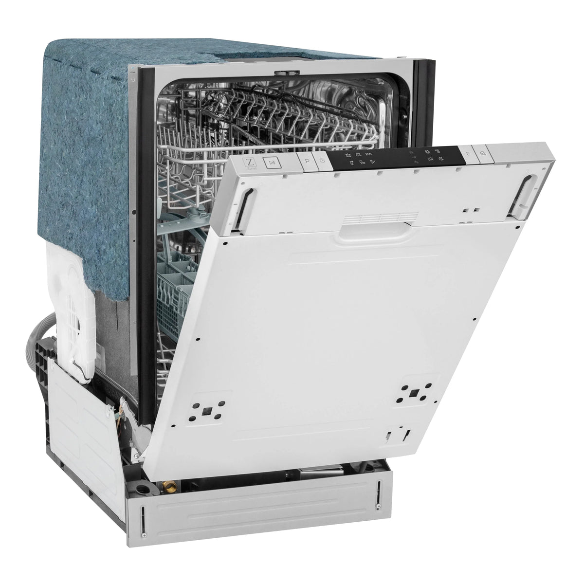 Panel-ready top control dishwasher open at an angle showing stainless racks and tub