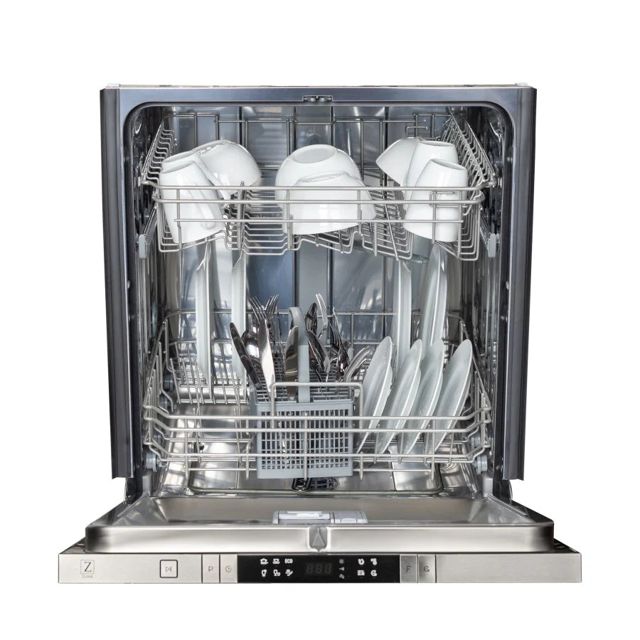 Dishwasher interior with plate racks and utensil basket on lower level