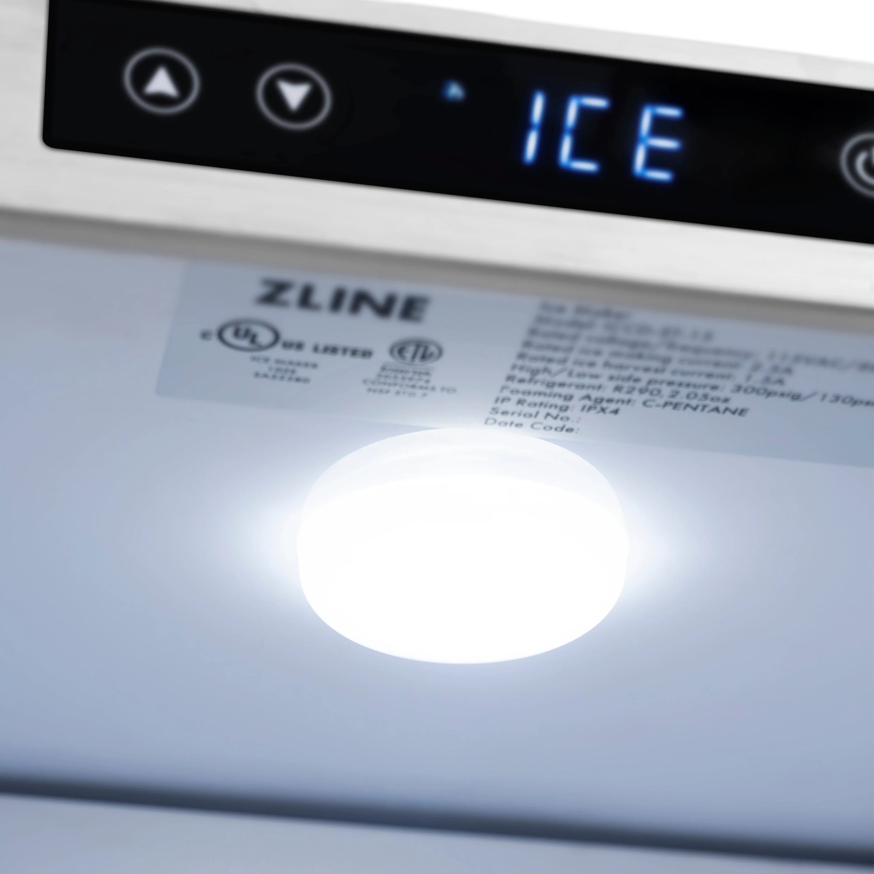 Ice maker control panel with blue LED display reading ICE