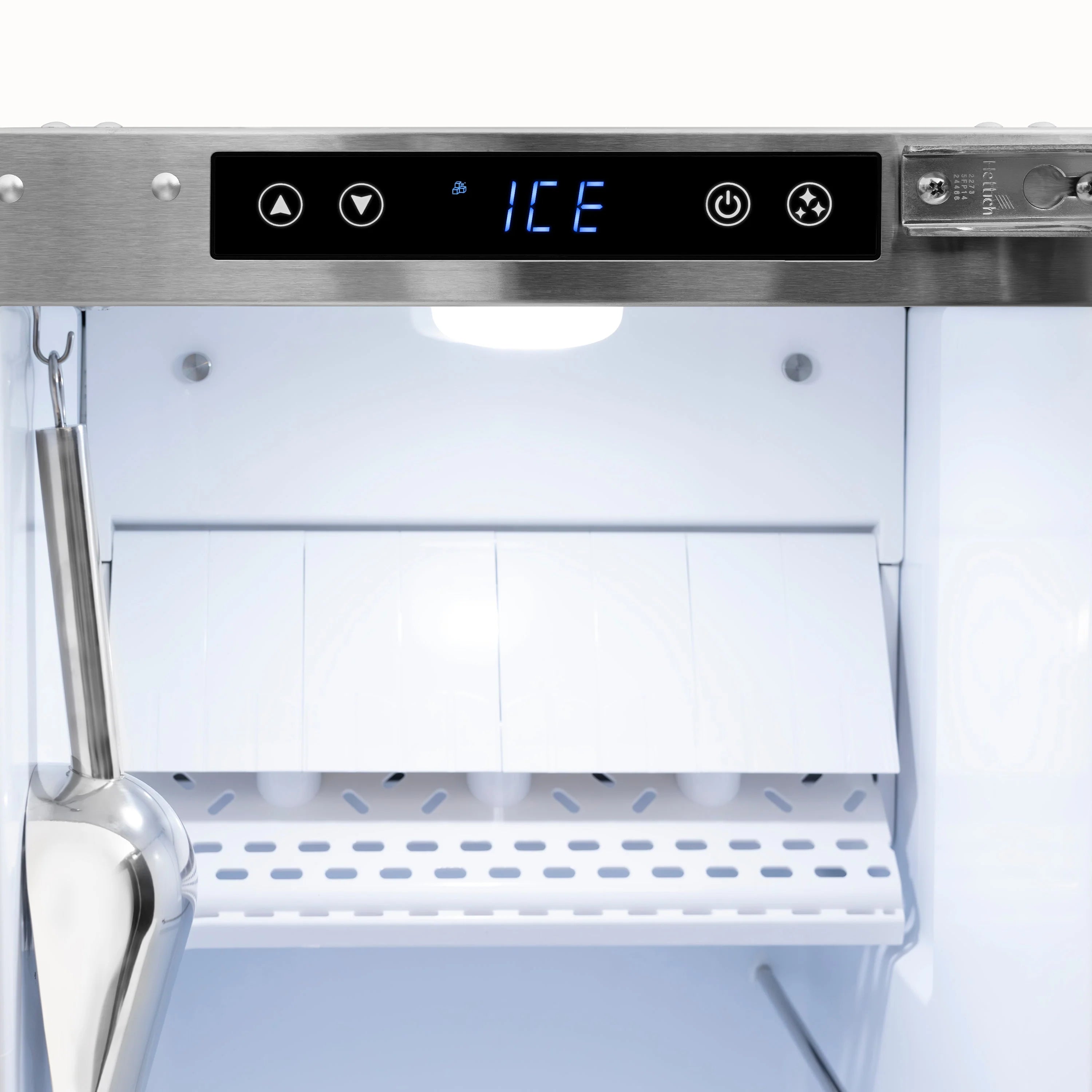 Stainless steel ice maker front panel with display and open ice bin